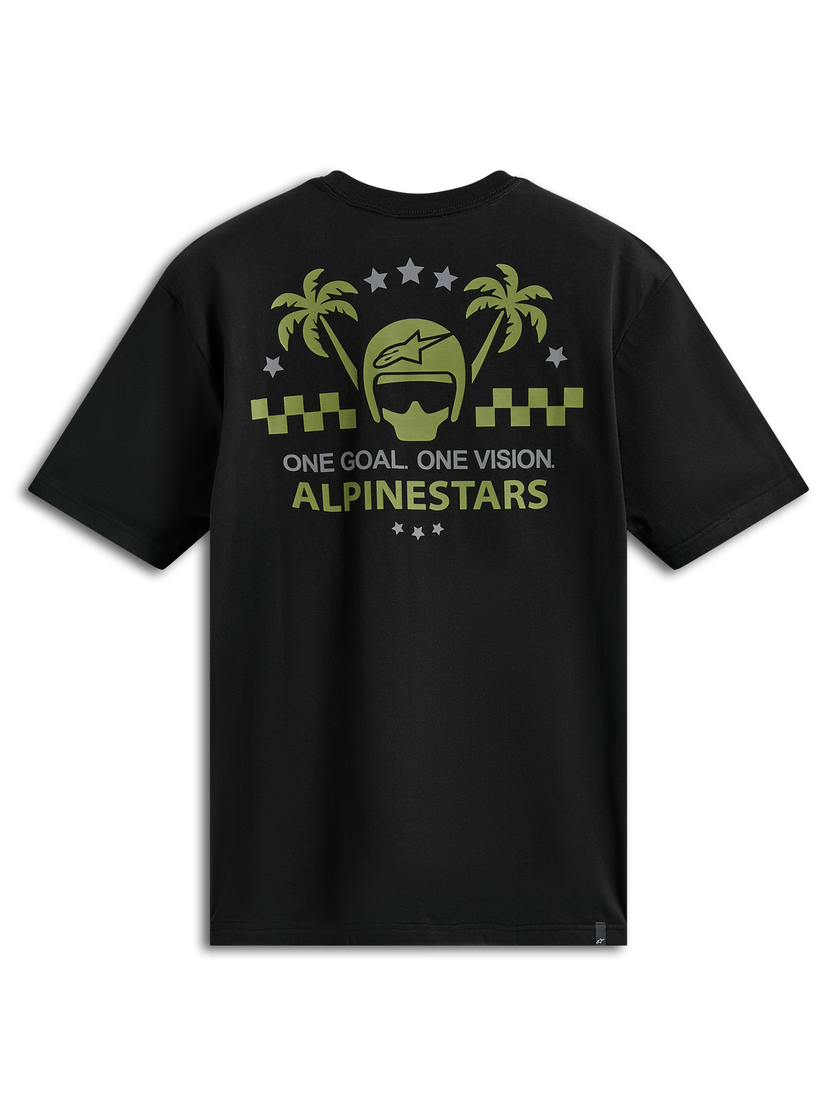 Alpinestars Order CSF Tee, camiseta de manga corta, negra, gráfico en verde oliva y gris con diseño de casco y palmeras en la espalda, texto One Goal One Vision, ropa deportiva casual de estilo motorista