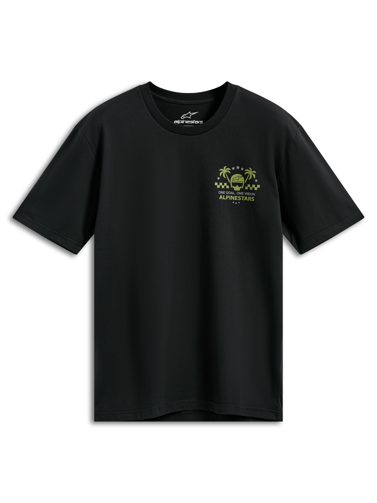 Alpinestars Order CSF Tee, camiseta de manga corta, negra, gráfico en el pecho amarillo y verde con casco y palmeras, texto One Goal One Vision, ropa urbana casual de motorsport