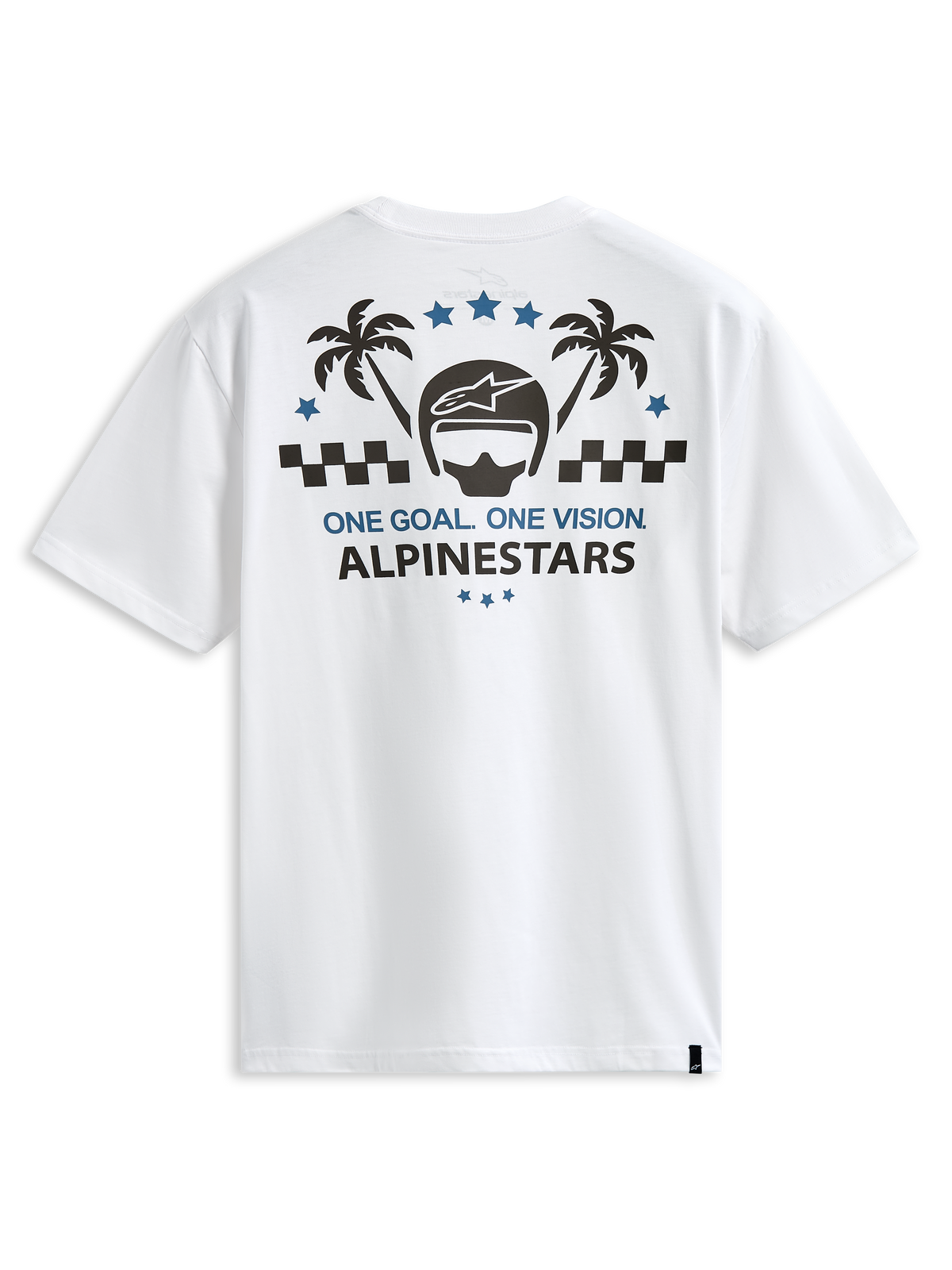Camiseta Alpinestars Order CSF, camiseta de manga corta, blanca, gráfico en la espalda con casco y palmeras, texto One Goal One Vision, ropa urbana casual estilo motorsport