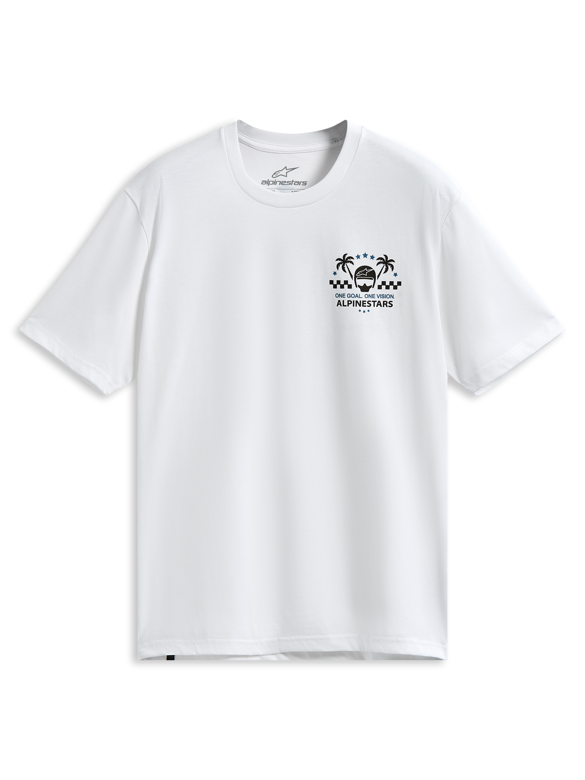 Alpinestars Order CSF Tee, camiseta de manga corta blanca, gráfico en el pecho con palmeras y casco de carreras, texto "One Goal One Vision", ropa deportiva casual de motorsport