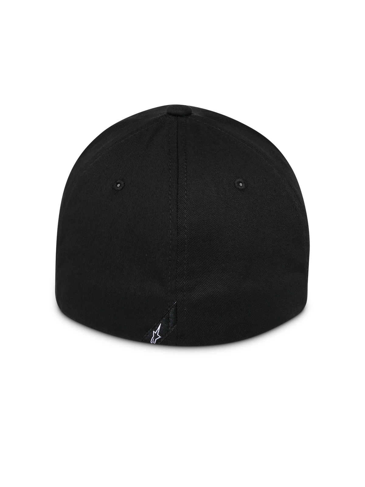 Gorra Alpinestars Surpass, negra, vista trasera de gorra con visera curva y corona estructurada, diseño flex back, pequeño logotipo blanco de Astars en la etiqueta trasera, accesorio casual de estilo motorsport