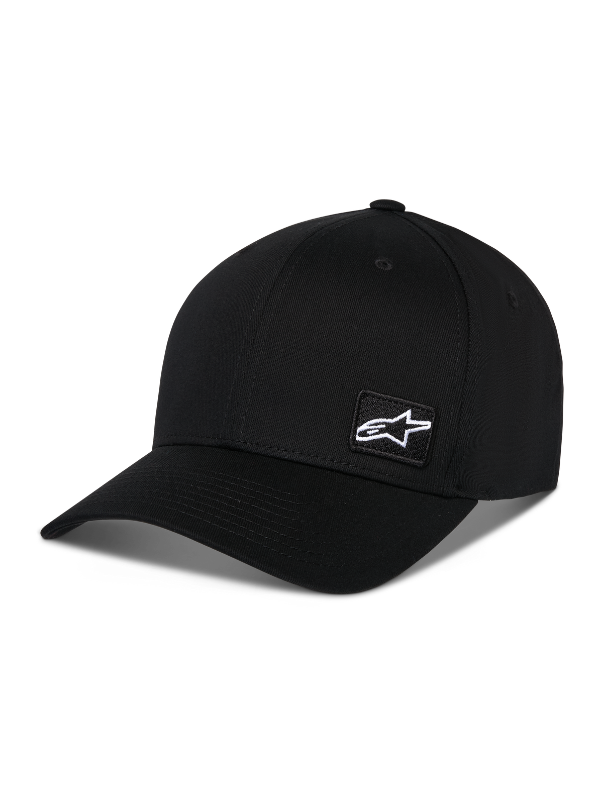 Alpinestars Pivot Hat, Black Sportswear Hat, featuring a curved bill and structured crown, small white Astars logo patch on the side, casual motorsport-inspired design