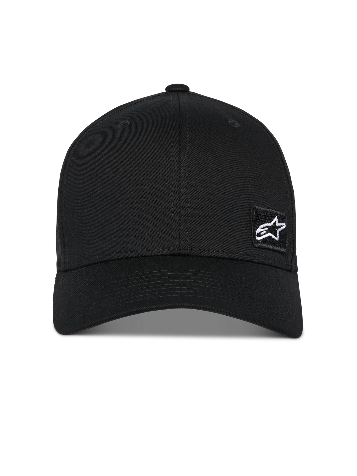 Gorra Pivot de Alpinestars, gorra de béisbol negra, visera curva con corona estructurada, pequeño logo de estrella Astars blanco en un parche bordado negro, ropa deportiva casual inspirada en el motociclismo