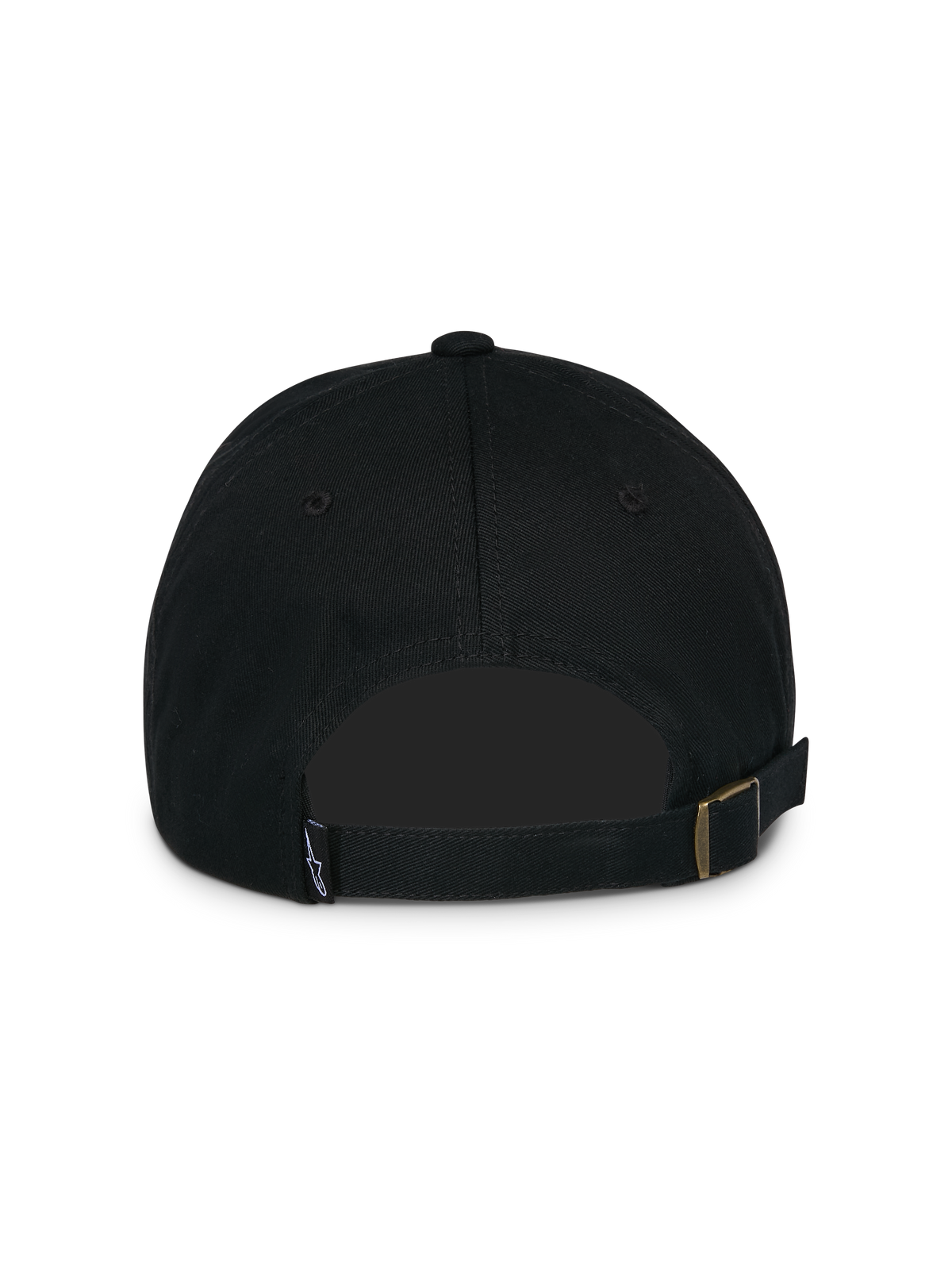 Gorra Calipalm Strapback de Alpinestars, negra, vista trasera con cierre de correa ajustable con hebilla metálica, pequeña etiqueta con el logo tejido y construcción de sarga de algodón no estructurada