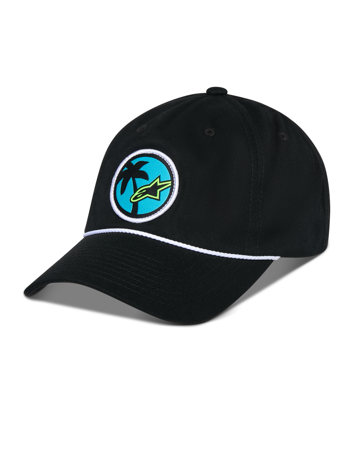 Gorra Alpinestars Calipalm Strapback, negra, corona baja no estructurada con visera curva, detalle de cordón blanco, parche circular frontal con una palmera y el logo Astars en verde lima, ropa deportiva casual