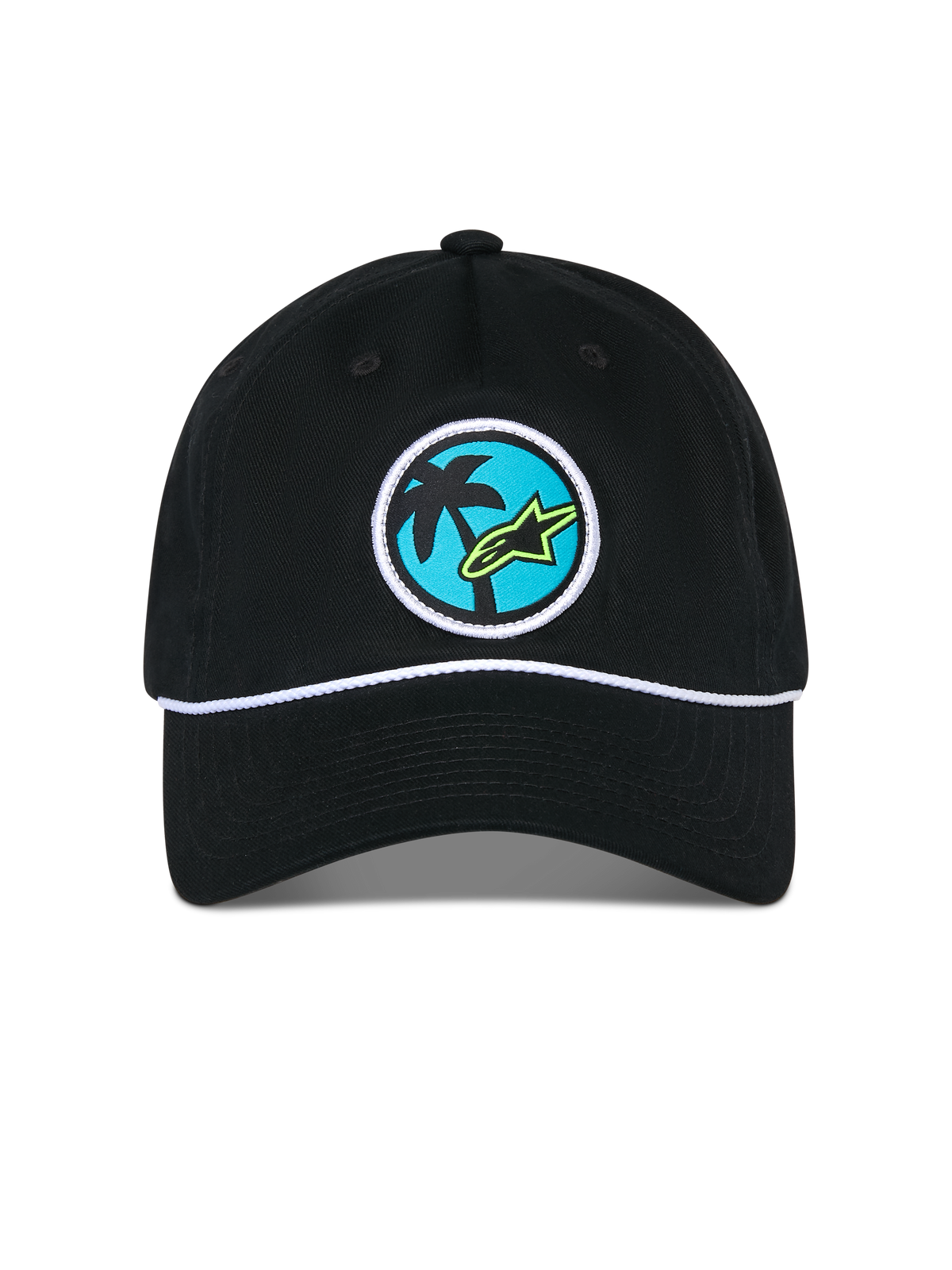 Gorra Alpinestars Calipalm Strapback, gorra negra con un parche tejido circular de una palmera y el logo Astars en verde lima sobre fondo azul, detalle de cordón blanco sobre la visera, ropa deportiva casual