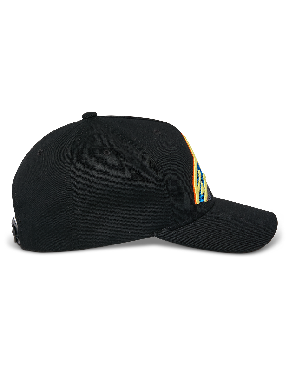Alpinestars Lucid Snapback Hat, Black, side profile view, curved bill with structured crown, featuring vibrant multi-color logo embroidery, 100% cotton twill fabric.