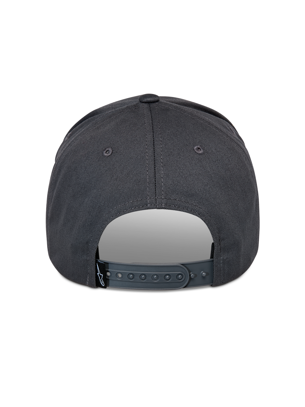 Gorra Alpinestars Lucid Snapback, gris carbón, vista posterior que muestra el cierre ajustable de plástico y una pequeña etiqueta negra con el logo, corona estructurada, accesorio casual inspirado en el automovilismo