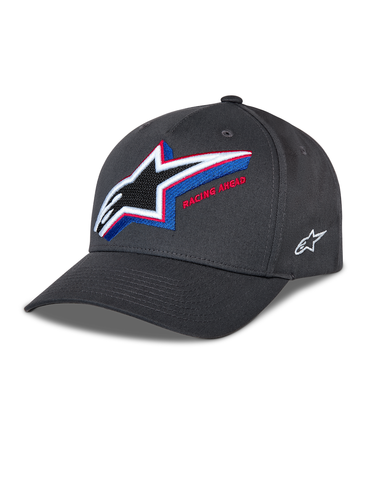 Gorra Alpinestars Lucid Snapback, gorra de béisbol gris carbón, visera curva con corona estructurada, gran logotipo de Astars bordado en varios colores con el texto 'Racing Ahead' en el frontal, pequeño logo lateral blanco, estilo casual de motor