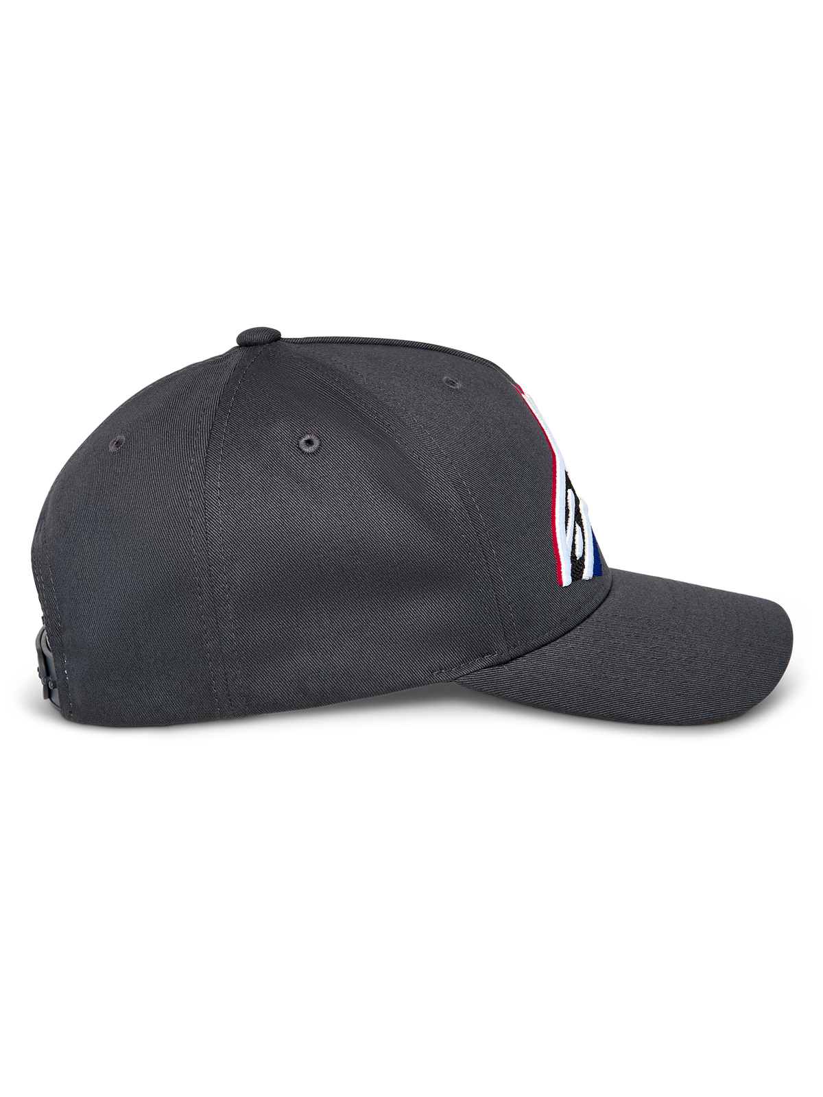Gorra Alpinestars Lucid Snapback, vista de perfil lateral, color gris carbón, visera curva y corona estructurada, logotipo frontal bordado con relleno multicolor, estilo casual inspirado en el automovilismo