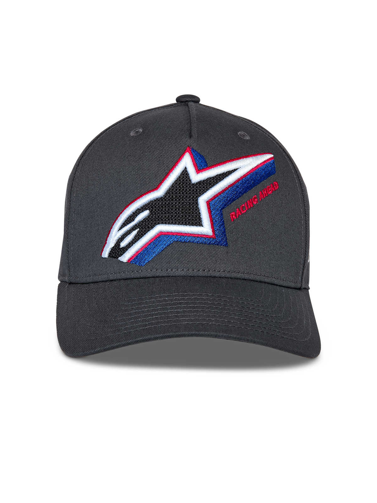 Gorra Snapback Lucid de Alpinestars, gris carbón, con logotipo de Astars bordado en varios colores con detalles en rojo y azul, visera curva, corona estructurada, estilo casual motorsport streetwear