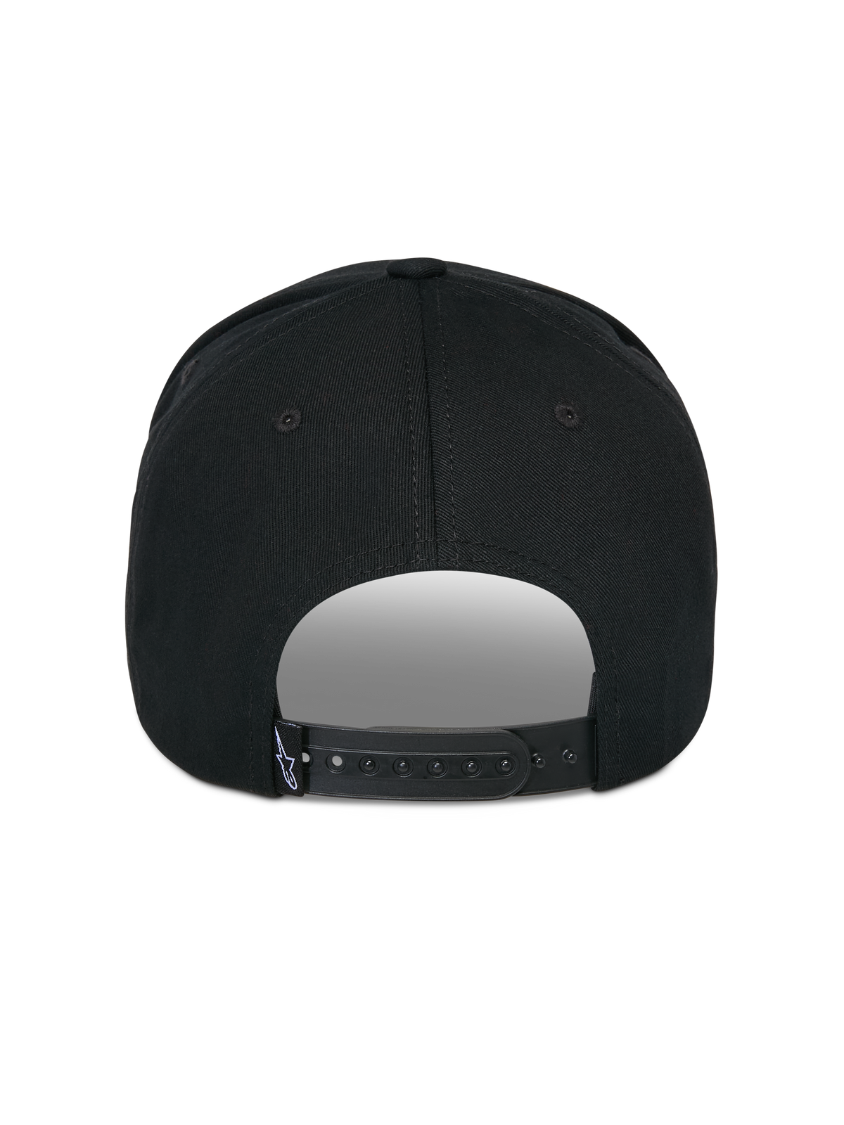 Alpinestars Matrix Snapback Hat, Black, Back View, featuring adjustable snapback closure with small white logo tag, structured crown and curved bill profile, casual motorsport-inspired streetwear