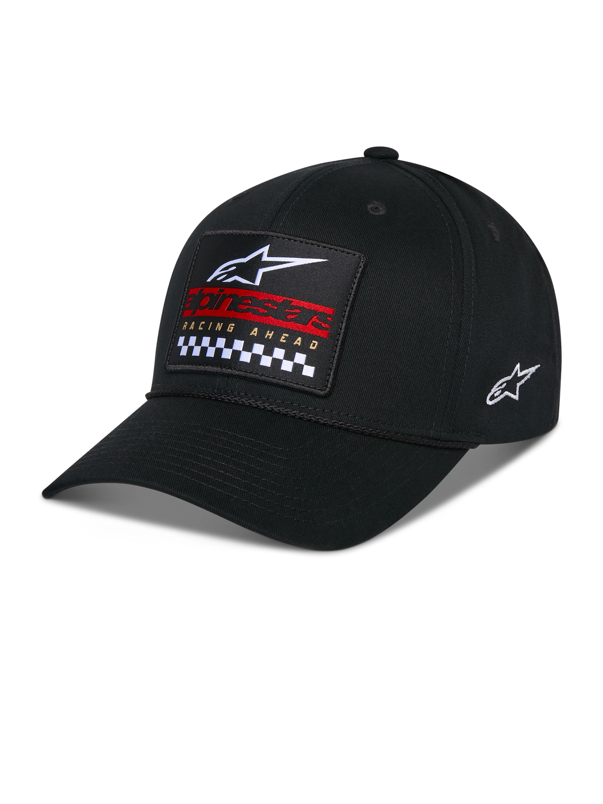 Alpinestars Matrix Snapback Hat, Black, curved bill with structured crown, front multi-color embroidery patch with Alpinestars logo, red branding, and checkered pattern, side embroidered logo, casual motorsport headwear