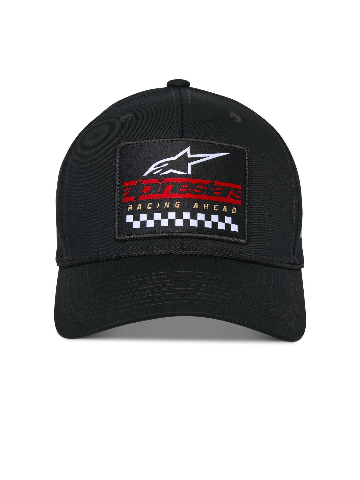 Alpinestars Matrix Snapback Hat, Black, Structured Crown and Curved Bill, Front view with multi-color embroidered patch featuring white Astars logo, red branding, and black and white checkered pattern, Casual Motorsport Headwear