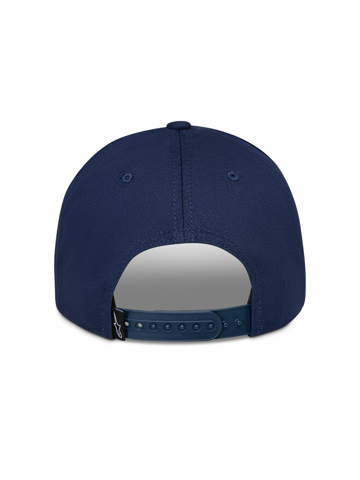 Gorra Snapback Trifecta de Alpinestars, azul marino, vista trasera con cierre snapback ajustable, pequeña etiqueta negra con logo, sarga de algodón resistente, estilo urbano casual de motorsport