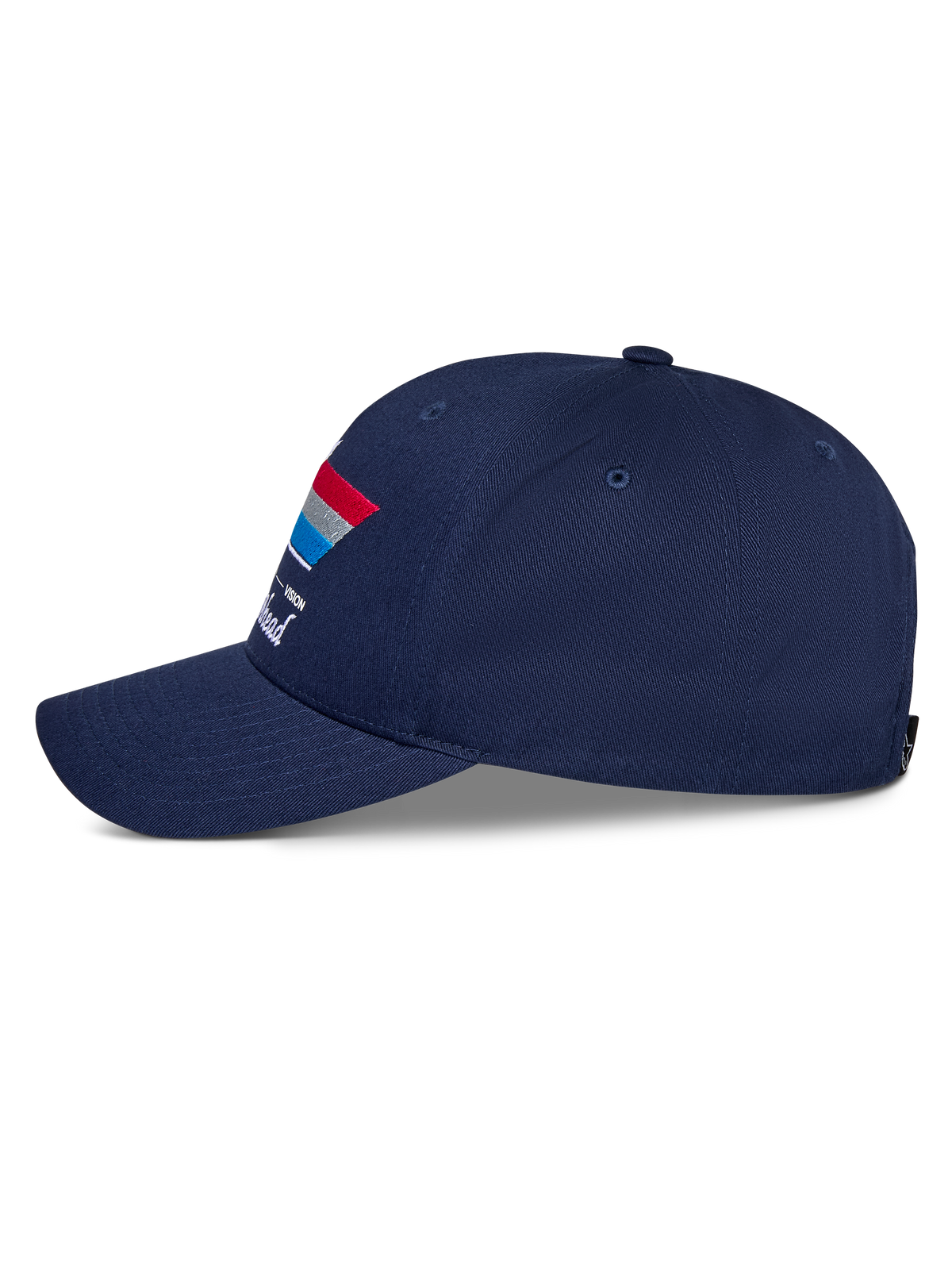 Alpinestars Gorra Snapback Trifecta, azul marino, vista lateral, con visera curva y gráfico de rayas tricolor con texto blanco, accesorio casual de motorsport