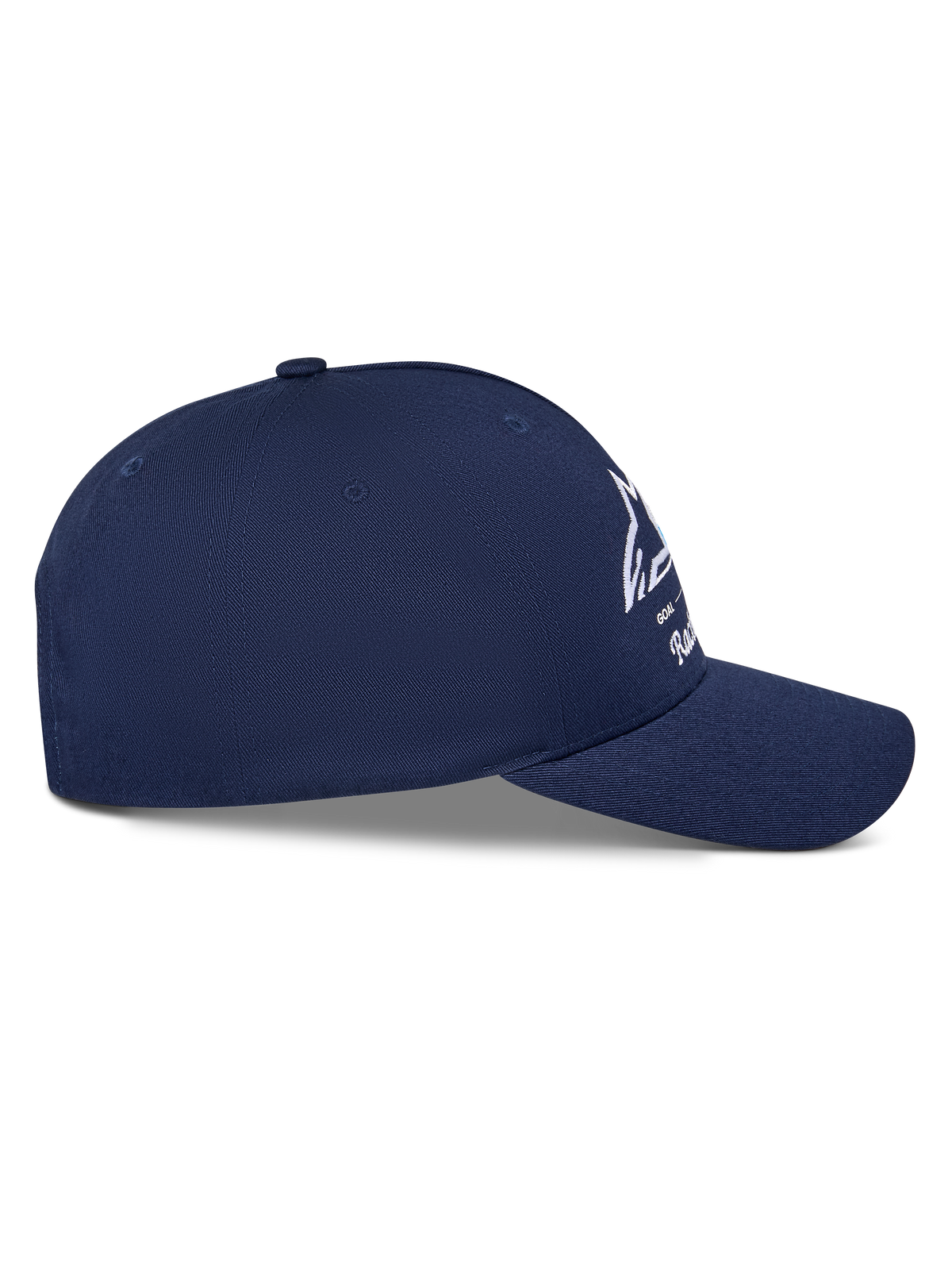 Gorra Snapback Trifecta de Alpinestars, azul marino, vista de perfil lateral que muestra la visera curva y la corona estructurada, logotipo Astars blanco con rayas tricolores, tejido de sarga de algodón, estilo casual motorsport streetwear