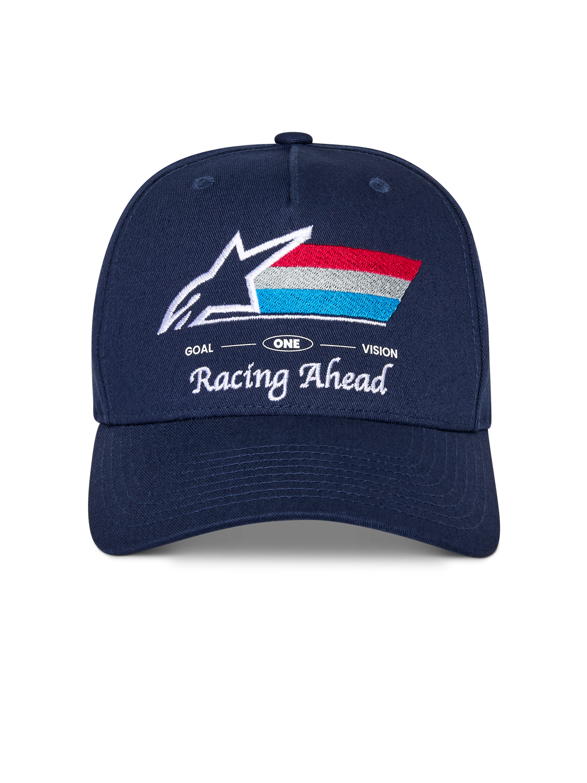 Alpinestars Trifecta Snapback Hat, gorra azul marino con visera curva, logo frontal bordado con estrella blanca y rayas tricolores, textos 'Racing Ahead' y 'Goal One Vision' en blanco, corona estructurada, accesorio casual inspirado en el automovilismo