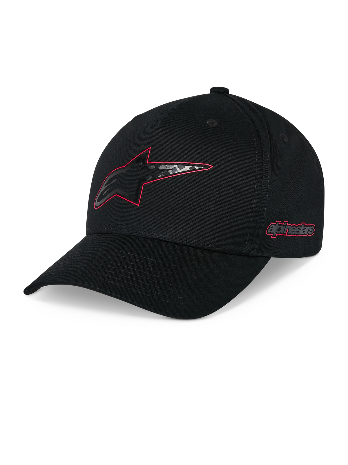 Gorra Snapback Alpinestars Carbon Fiber, negra, visera curva con corona estructurada, logo frontal Astars con contorno rojo y efecto de fibra de carbono, marca lateral Alpinestars en rojo, accesorio casual de motorsport