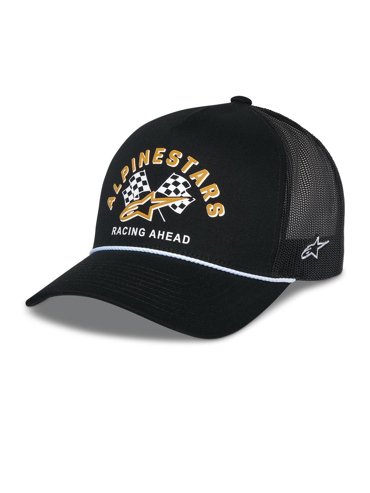 Gorra Alpinestars Finisher Trucker, gorra tipo trucker negra con malla trasera transpirable, visera curva con detalle de cordón blanco, gráfico frontal con letras amarillas de Alpinestars y banderas a cuadros, logotipo de estrella bordado en el lateral, accesorio casual inspirado en el automovilismo