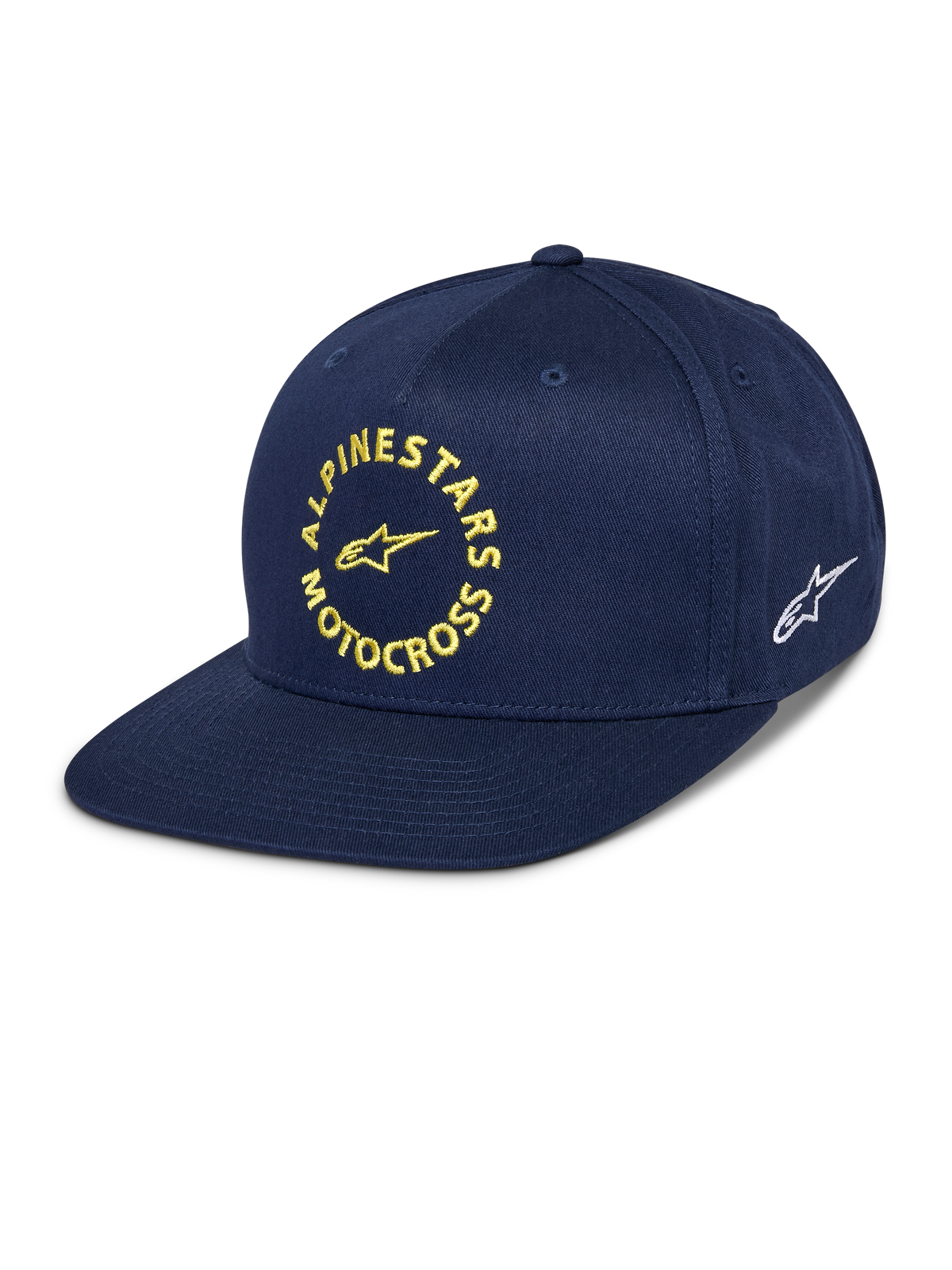 Gorra Alpinestars MX Snapback, azul marino, visera plana con corona estructurada, gráfico frontal de Alpinestars Motocross bordado en amarillo, logo Astars blanco en el lateral, tejido de sarga de algodón, accesorio casual de motorsport