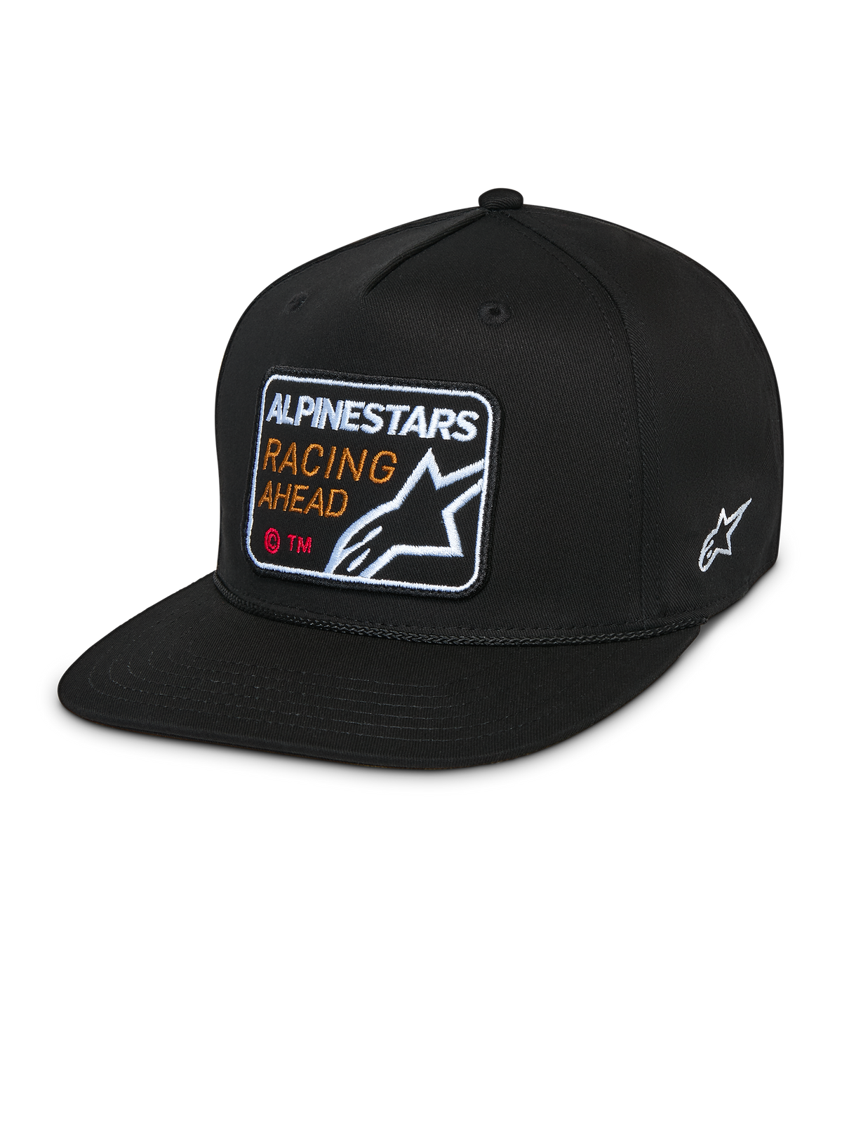 Gorra Snapback Intuitive de Alpinestars, negra, visera plana con corona estructurada, parche bordado frontal con 'Alpinestars Racing Ahead' y logotipo, logotipo de Astars blanco en el lateral, gorra casual de sarga