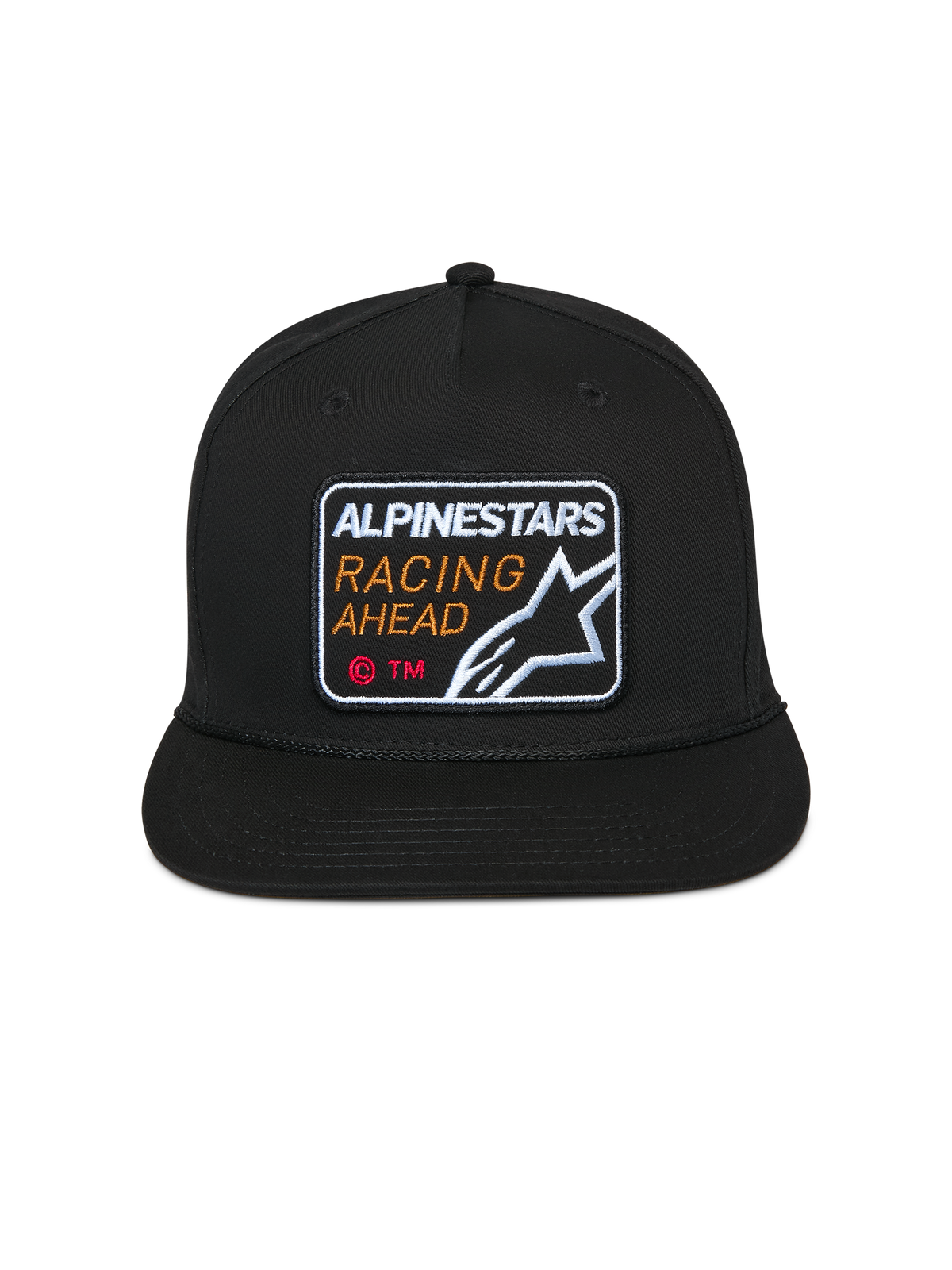 Gorra Snapback Alpinestars Intuitive, negra, parche frontal bordado Alpinestars Racing Ahead, visera plana con corona estructurada, gorra casual de estilo motorsport