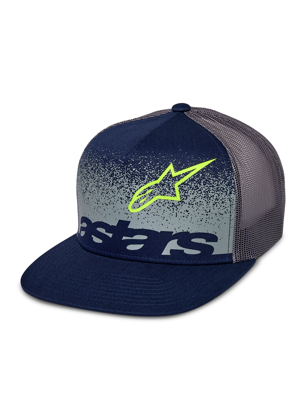 Gorra Alpinestars Component Trucker, azul marino y gris, visera plana con corona estructurada y parte trasera de malla gris, con el contorno del logotipo Astars en verde lima y marca denominativa en azul marino sobre un panel frontal con degradado MX moteado en gris.