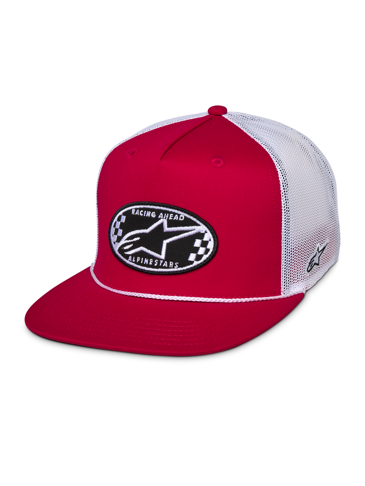 Gorra Alpinestars Contender Trucker, roja y blanca, visera plana tipo snapback con parche bordado ovalado de Astars a cuadros en el frente, parte posterior de malla blanca, estilo streetwear casual de automovilismo
