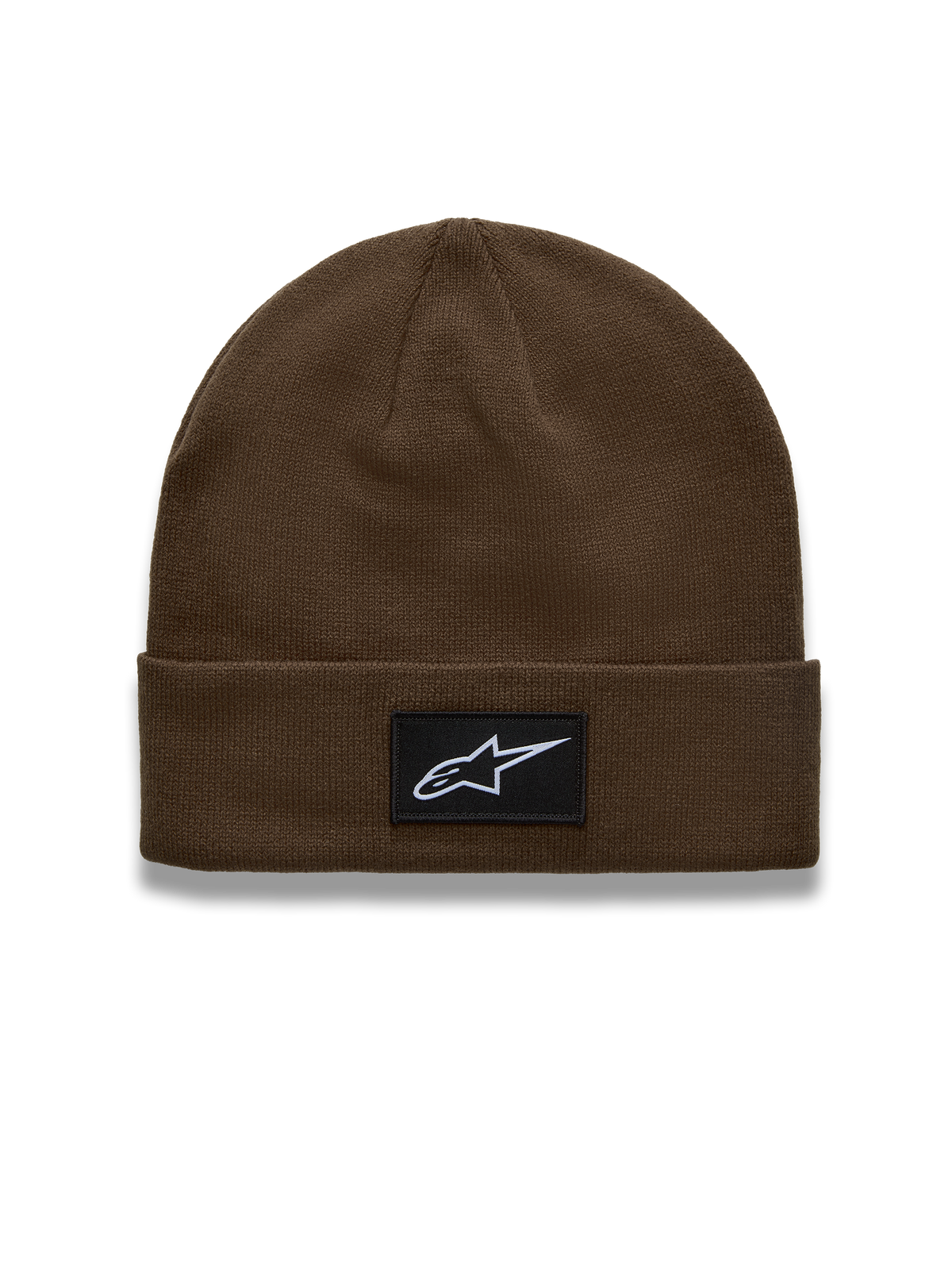 Alpinestars Augment Cuff, gorro de punto marrón con parche del logotipo de Astars y diseño de dobladillo.