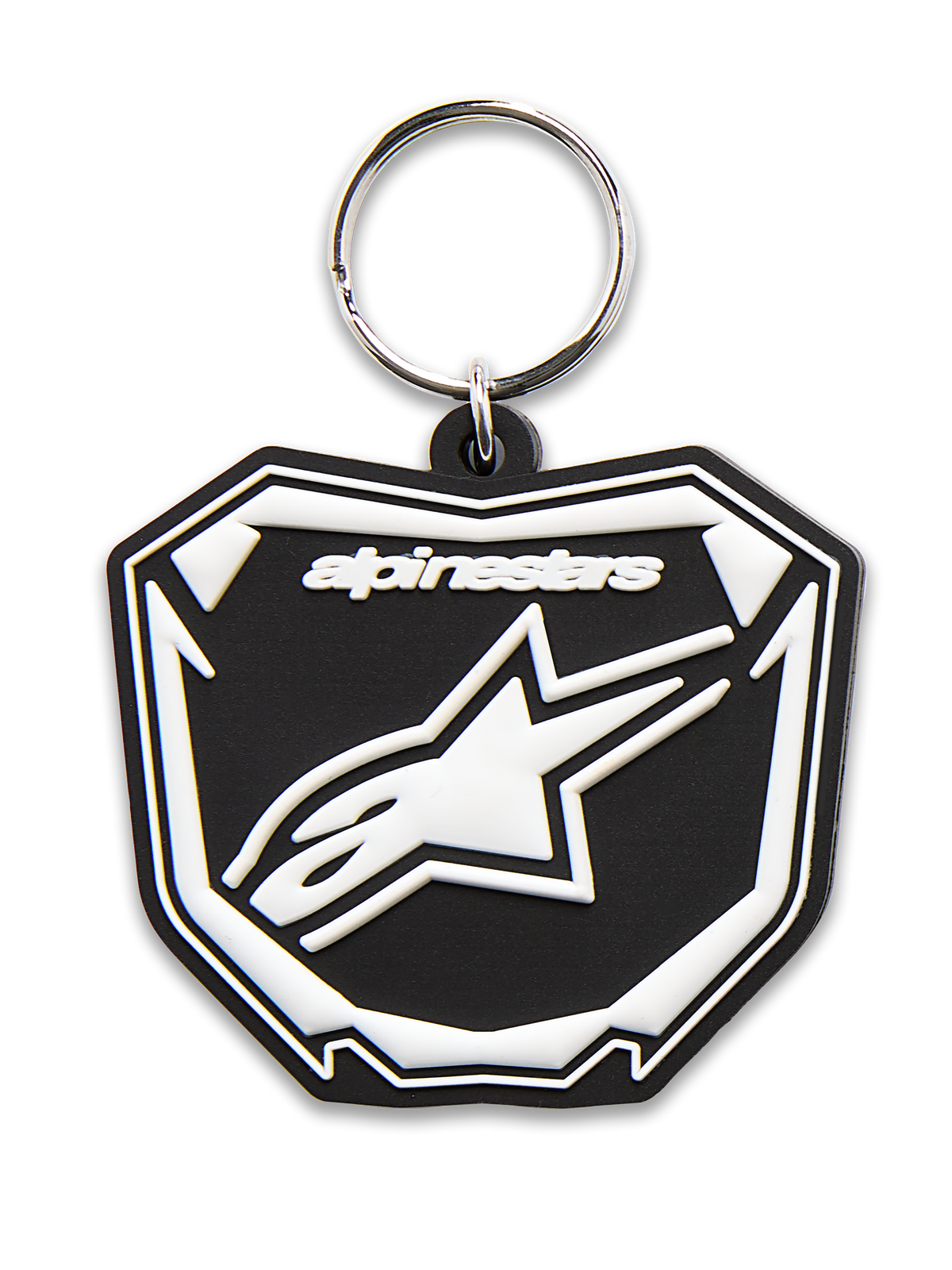 Alpinestars Plate Keyfob, 3D molded keychain, Black and White, featuring Astars MX plate graphic with white logo and text, silver metal snap ring, motorsport-inspired accessory