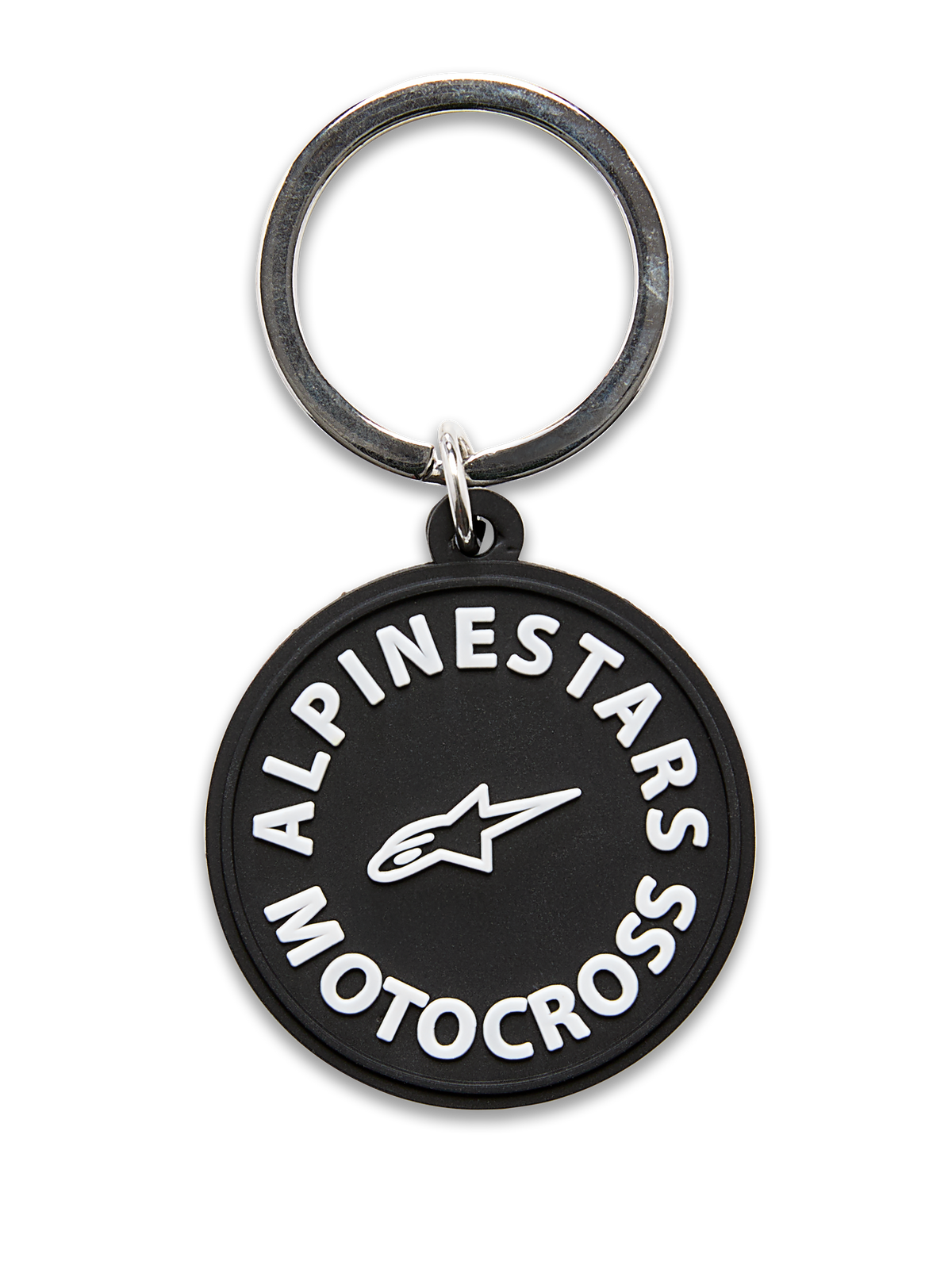 Llavero Alpinestars MX Keyfob, llavero circular moldeado en 3D, negro con gráficos blancos de Alpinestars Motocross y el logo de la estrella, anillo de cierre de metal plateado, accesorio duradero para uso diario