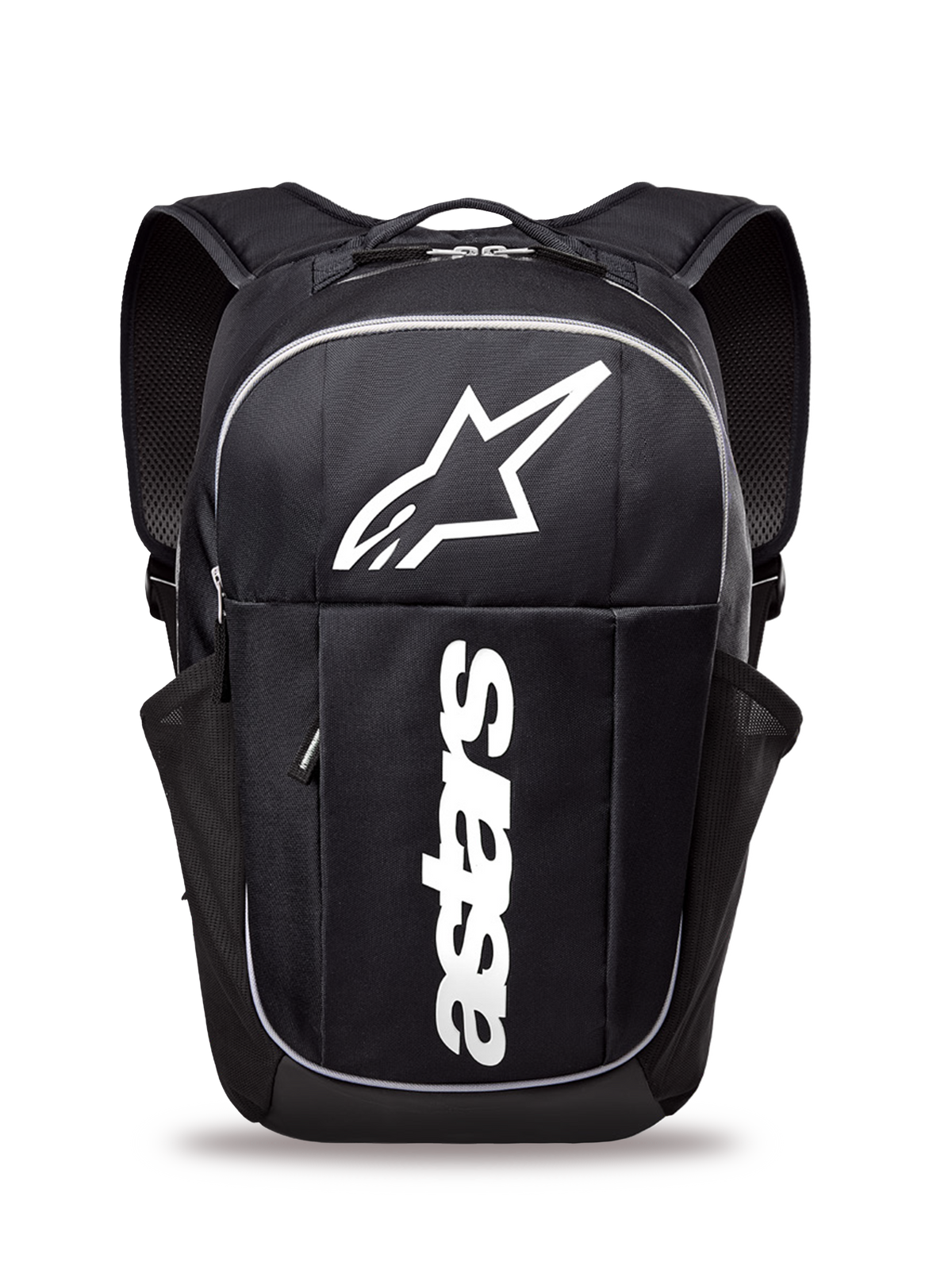 Mochila Alpinestars GFX Boss, mochila diaria de tamaño mediano, negra y blanca, con un gran logotipo blanco de Astars y marca vertical, bolsillos laterales de malla para botellas de agua, correas de hombro acolchadas de malla de aire, construcción duradera para uso casual