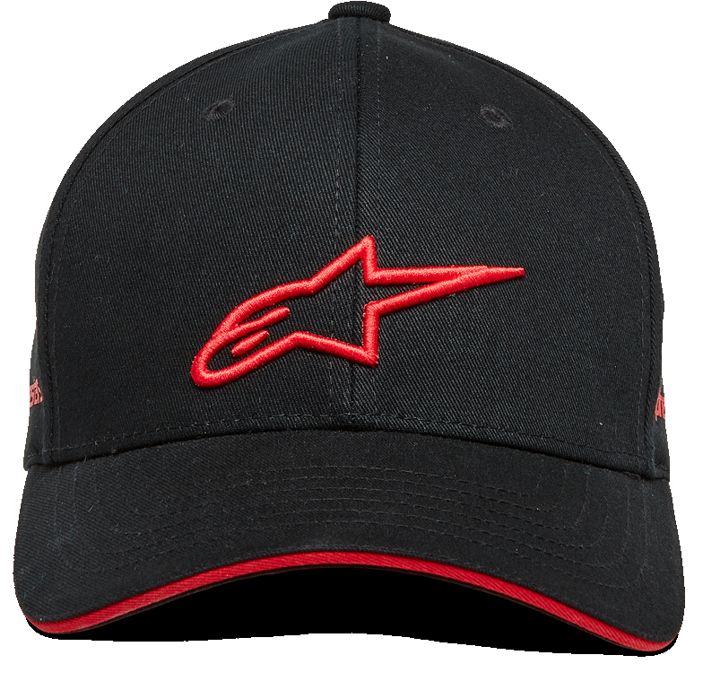 Alpinestars Rostrum Hat, gorra snapback de visera curvada, negro y rojo, logotipo A-star rojo bordado en 3D en la parte frontal, borde de la visera tipo sándwich en rojo, copa estructurada, tejido de sarga, accesorio casual de estilo motorsport