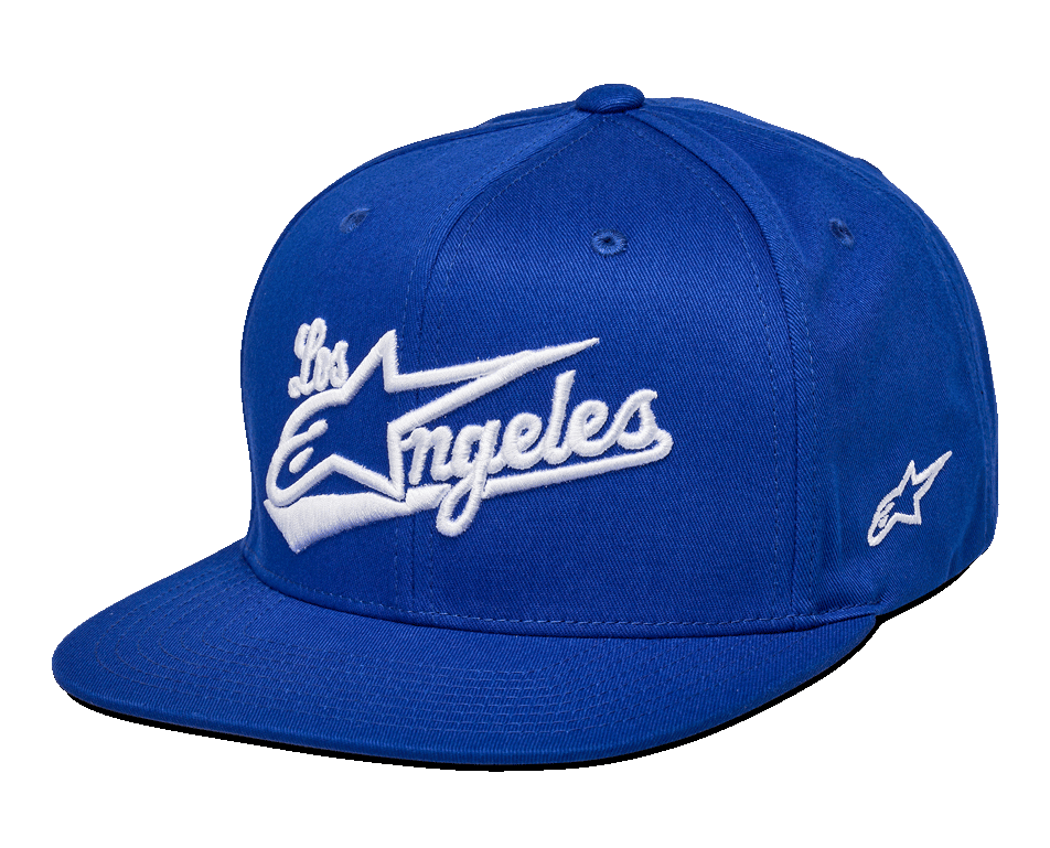 Gorra Alpinestars Los Angeles, gorra azul tipo snapback, logotipo de Los Ángeles bordado en 3D blanco con fuente atlética, visera plana, corona estructurada, accesorio casual inspirado en el automovilismo