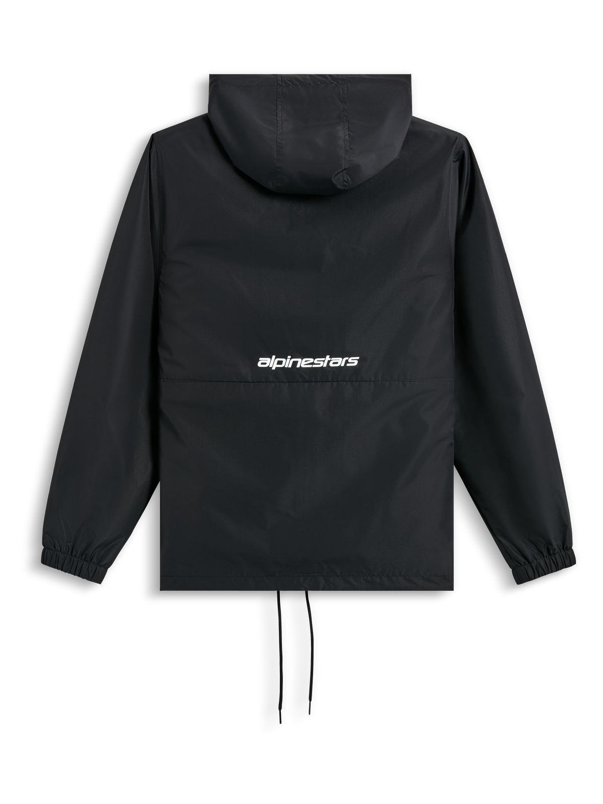 Alpinestars Speeder Chromium, chaqueta cortavientos negra, vista trasera con capucha, puños elásticos, dobladillo con cordón y logotipo de palabra blanco en la espalda