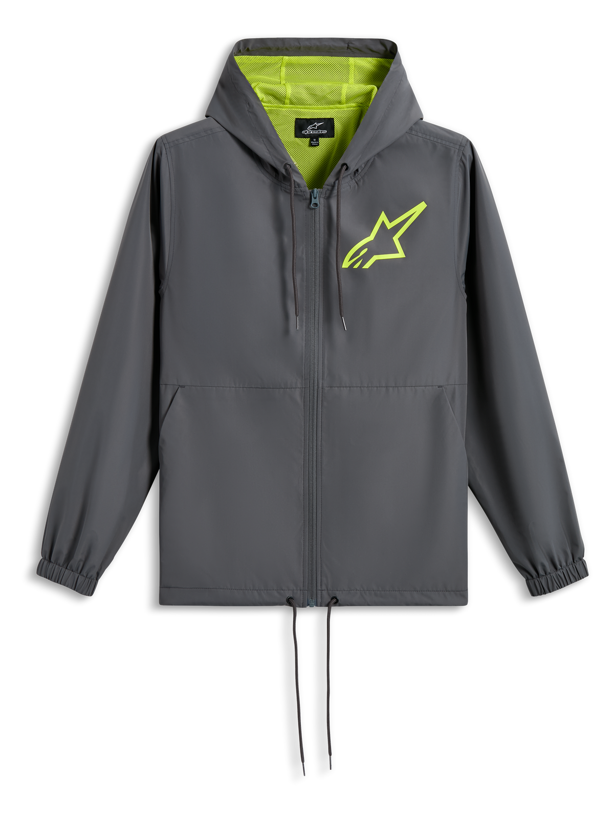 Alpinestars Speeder Chromium Windbreak Jacket, Charcoal Grey with Hi-Vis Yellow, lime green star logo on chest, mesh-lined hood, full-zip front with drawstring hem, casual motorsport-inspired windbreaker