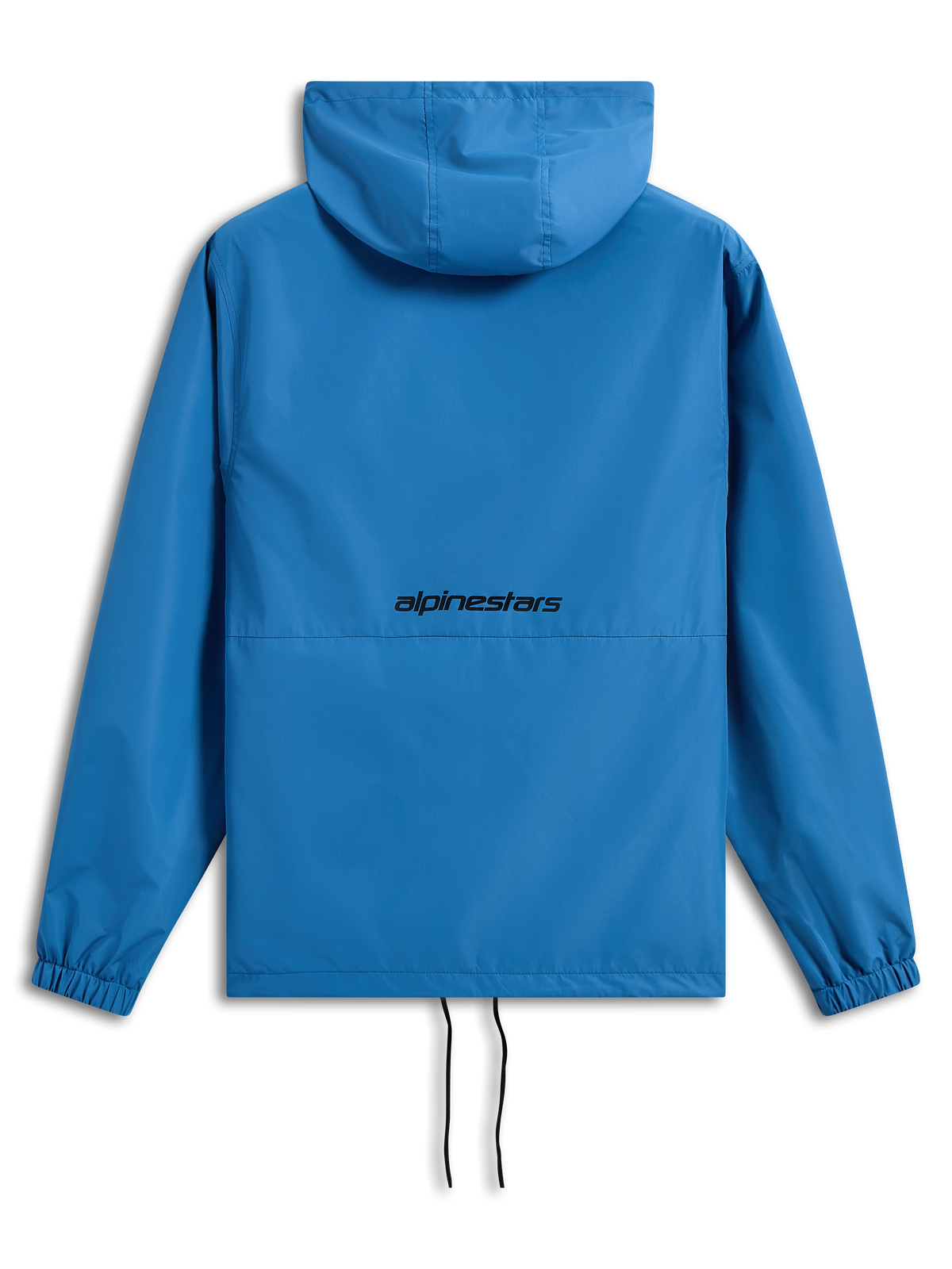 Chaqueta cortavientos Alpinestars Speeder Chromium, azul brillante, vista trasera con logotipo de Alpinestars en negro, cortavientos ligero con capucha, puños elásticos, dobladillo ajustable con cordones, prenda exterior casual inspirada en el automovilismo