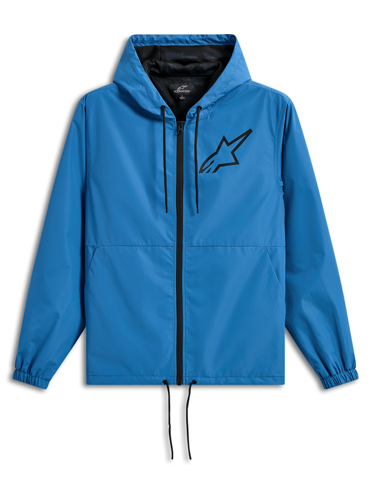 Chaqueta cortavientos Alpinestars Speeder Chromium, cortavientos ligero con capucha, azul con detalles en negro, con el logotipo de Astars en negro en el pecho, forro de malla, cremallera frontal y cordones ajustables en la capucha y el dobladillo