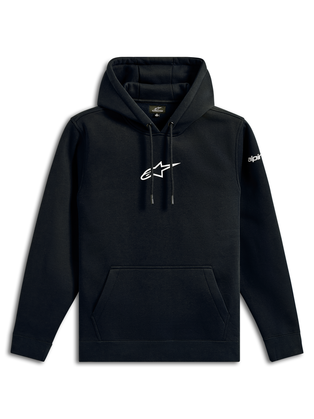 Alpinestars Frontal Hoodie, casual streetwear, black with white Alpinestars star logo on chest, kangaroo pocket, drawstring hood, long sleeves, motorsport-inspired design