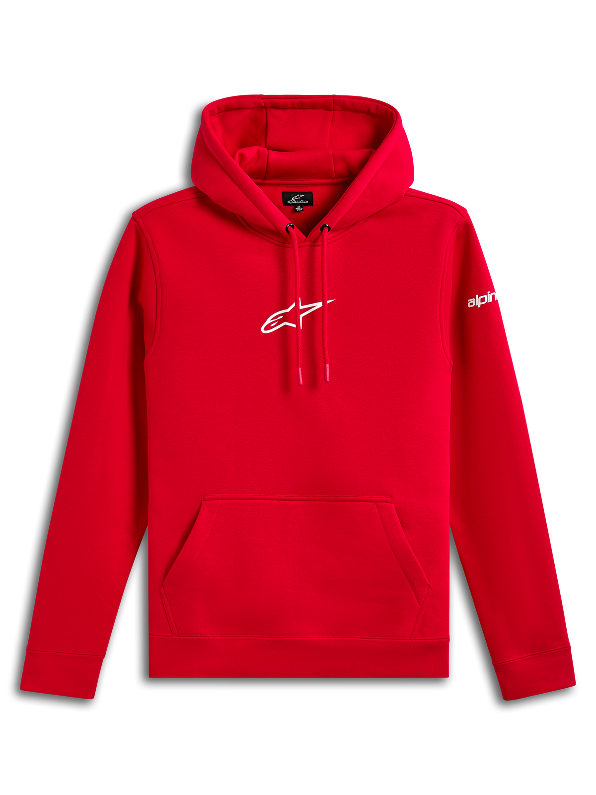 Alpinestars Frontal Hoodie, sudadera de forro polar roja, logotipo Astar de Alpinestars blanco en el pecho y marca en la manga, bolsillo canguro delantero, estilo urbano casual inspirado en el automovilismo