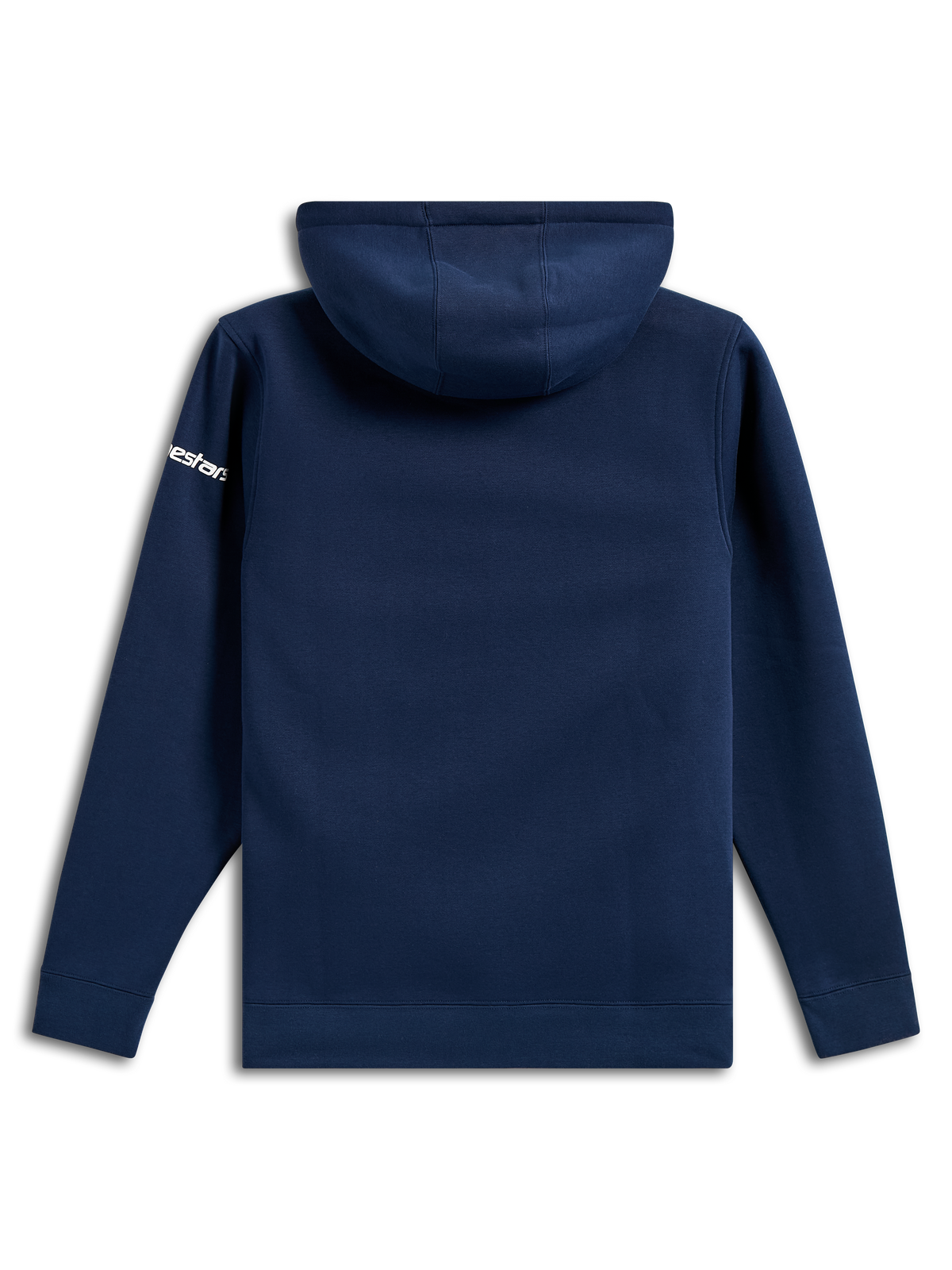 Alpinestars Frontal Hoodie, sudadera informal de forro polar en color azul marino, vista trasera, logotipo de Alpinestars en blanco en la manga, puños y dobladillo de canalé, ropa urbana inspirada en el automovilismo