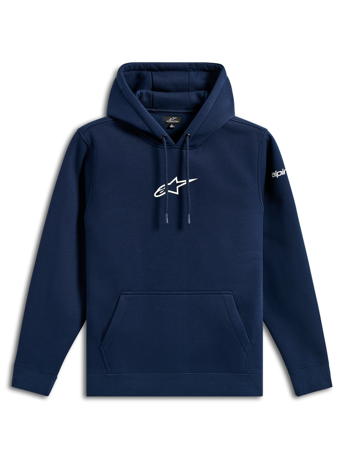 Alpinestars Frontal Hoodie, sudadera de estilo urbano casual, azul marino con logotipo de Astars blanco en el pecho y marca en la manga, capucha con cordón, bolsillo canguro, diseño moderno inspirado en el automovilismo