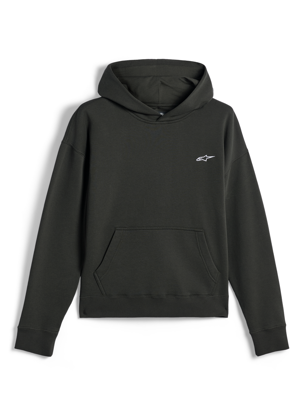 Sudadera con capucha Alpinestars Essentials Ageless, ropa urbana de estilo casual, color Off Black con un pequeño logotipo Astars blanco, modelo tipo pullover con capucha y bolsillo canguro delantero, acabado de forro polar premium lavado a la piedra