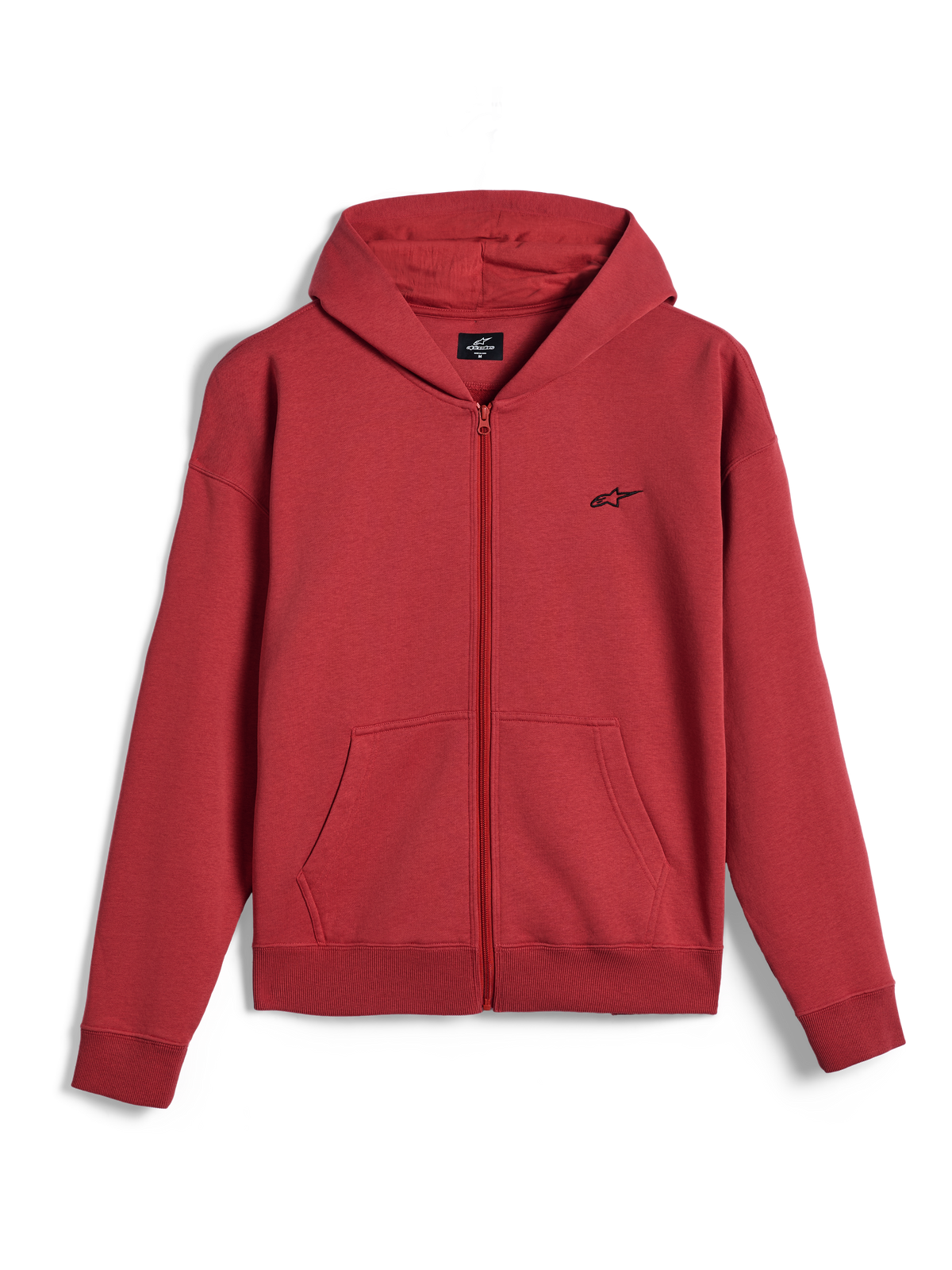Sudadera con capucha y cremallera Alpinestars Essentials Ageless, sudadera de cremallera completa, color rojo ladrillo, pequeño logotipo negro de Alpinestars en el pecho, ropa urbana casual de estilo motorsport, puños y dobladillo acanalados