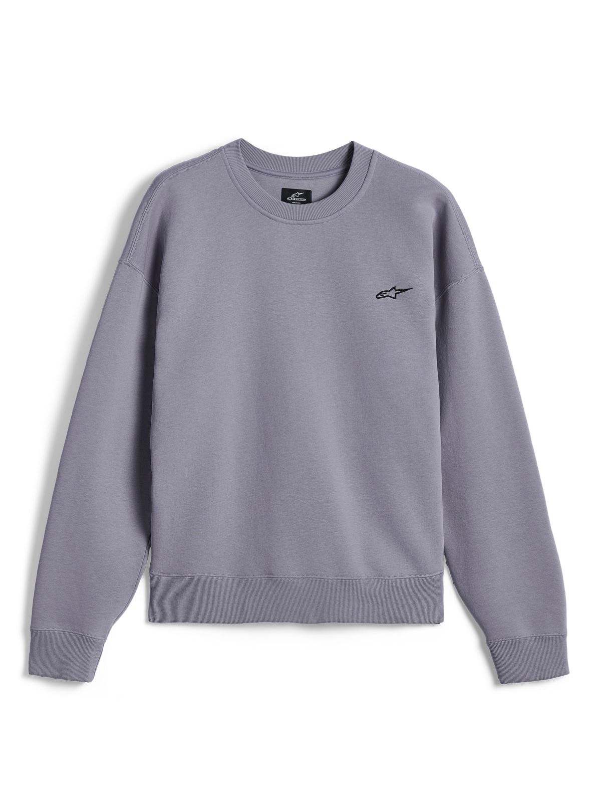 Alpinestars Essentials Ageless Crew, sudadera de cuello redondo premium, color plata, con un pequeño logotipo Astar negro en el pecho, cuello, puños y dobladillo acanalados, ropa urbana casual inspirada en el automovilismo