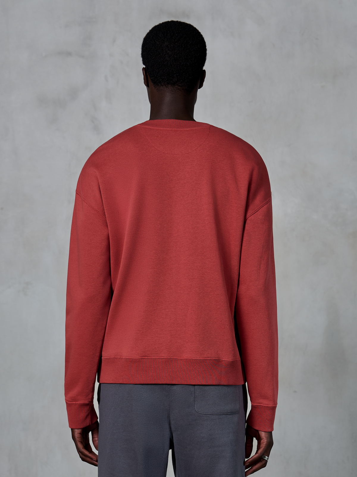 Alpinestars Essentials Ageless Crew, sudadera de cuello redondo en rojo ladrillo, vista posterior del modelo con pulóver de ajuste relajado, cuello y puños acanalados, ropa urbana casual inspirada en el automovilismo