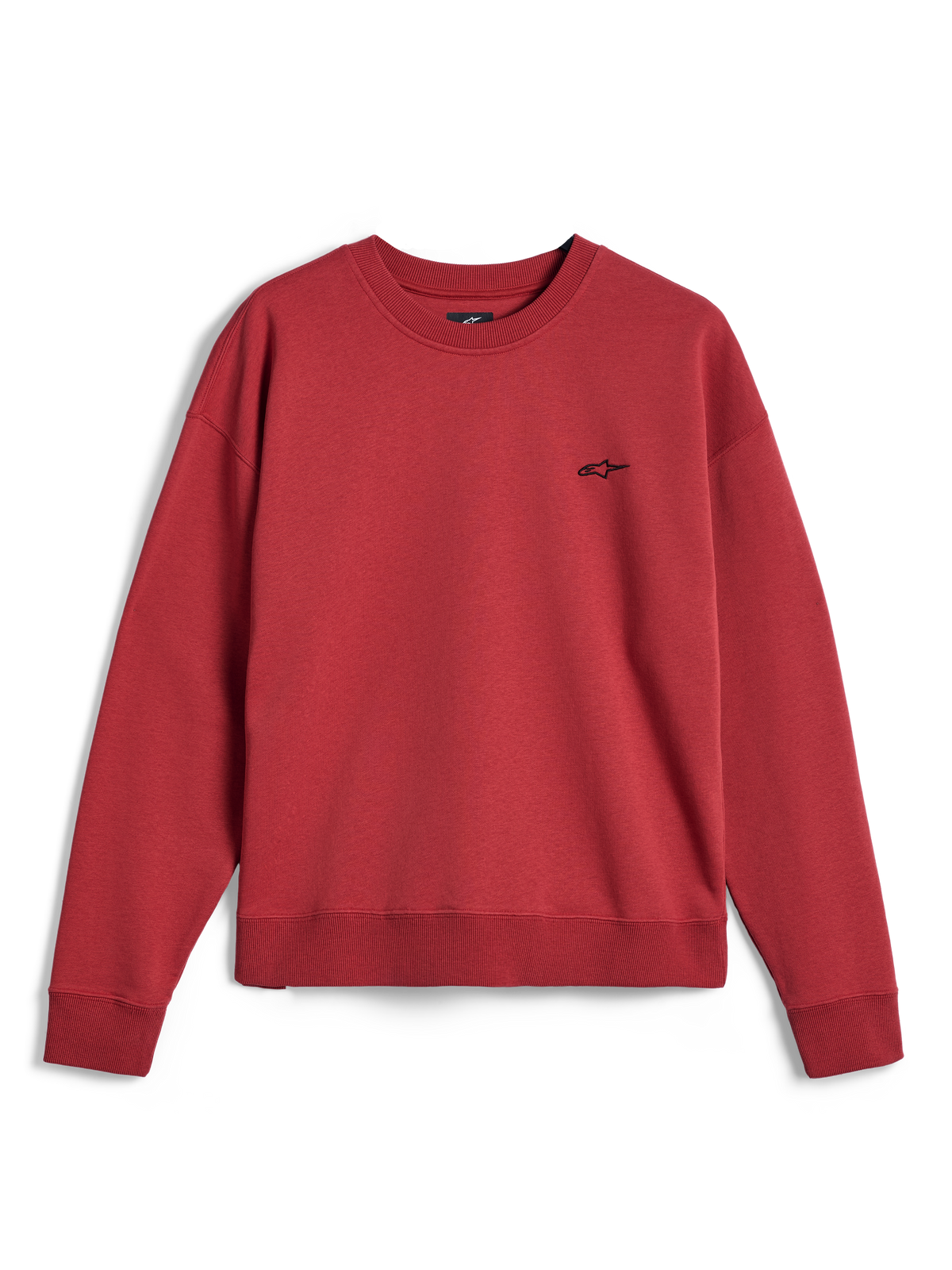 Alpinestars Essentials Ageless Crew, sudadera de cuello redondo en color rojo Brick, con un pequeño logotipo de Alpinestars negro en el pecho, cuello, puños y dobladillo acanalados, forro polar premium de estilo casual.