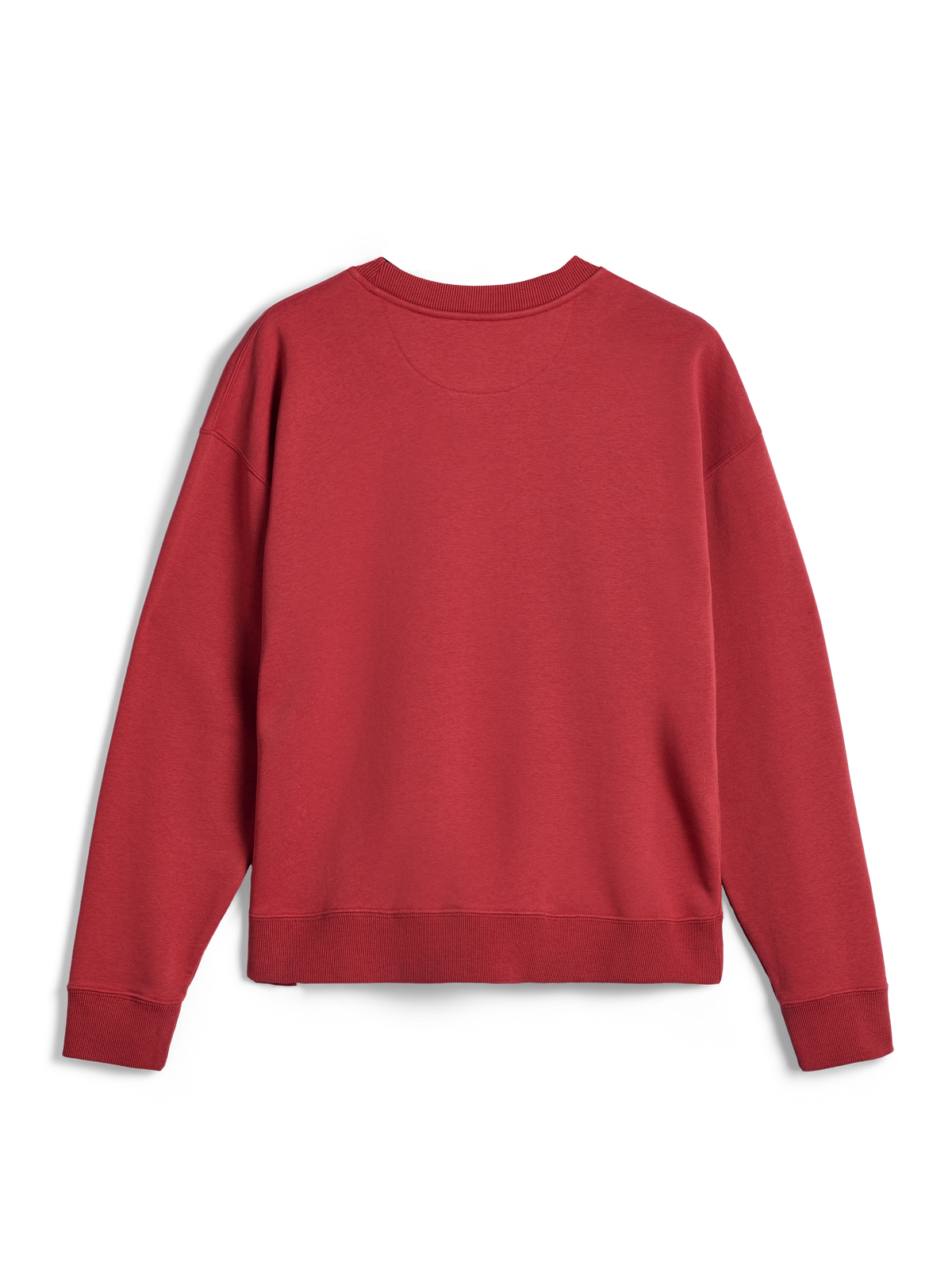 Alpinestars Essentials Ageless Crew, sudadera de cuello redondo, rojo ladrillo, vista posterior que muestra los puños y el dobladillo acanalados, forro polar compacto premium para comodidad de ropa deportiva casual.