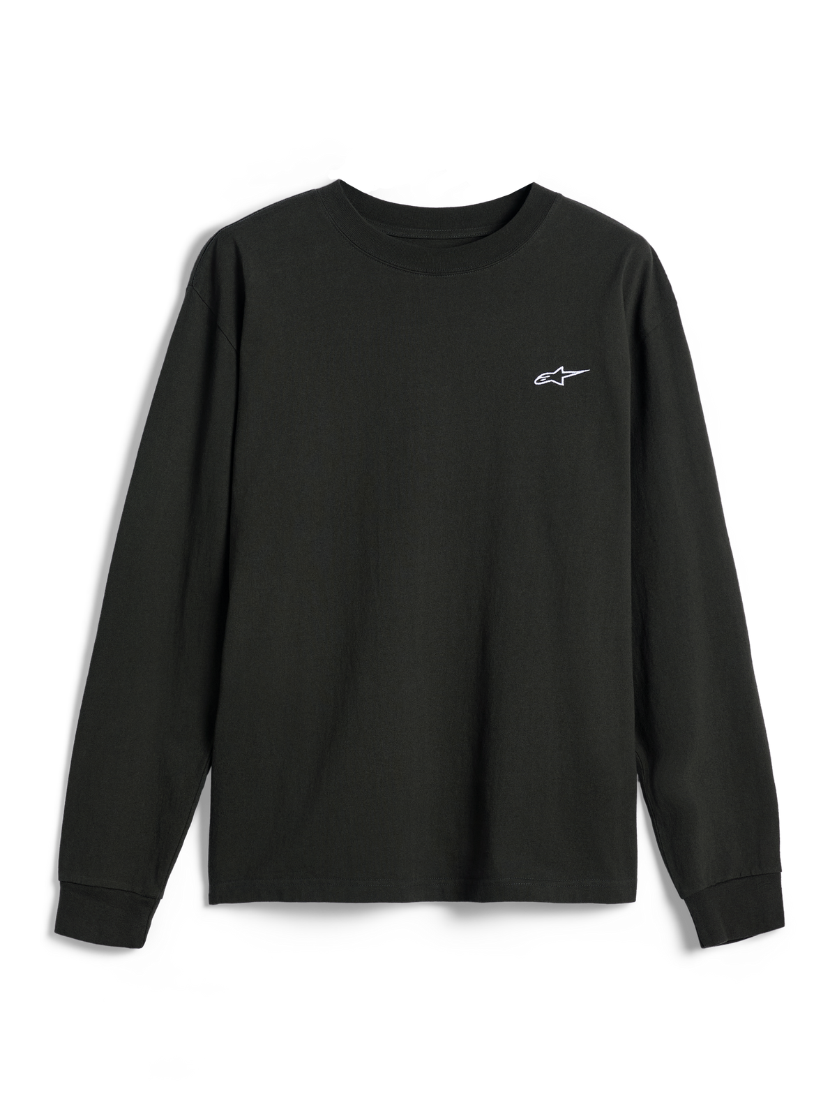 Alpinestars Essentials Ageless LS Tee, camiseta de manga larga, color negro, pequeño logo blanco de Alpinestars en el pecho, cuello redondo, ajuste relajado, ropa urbana de estilo casual